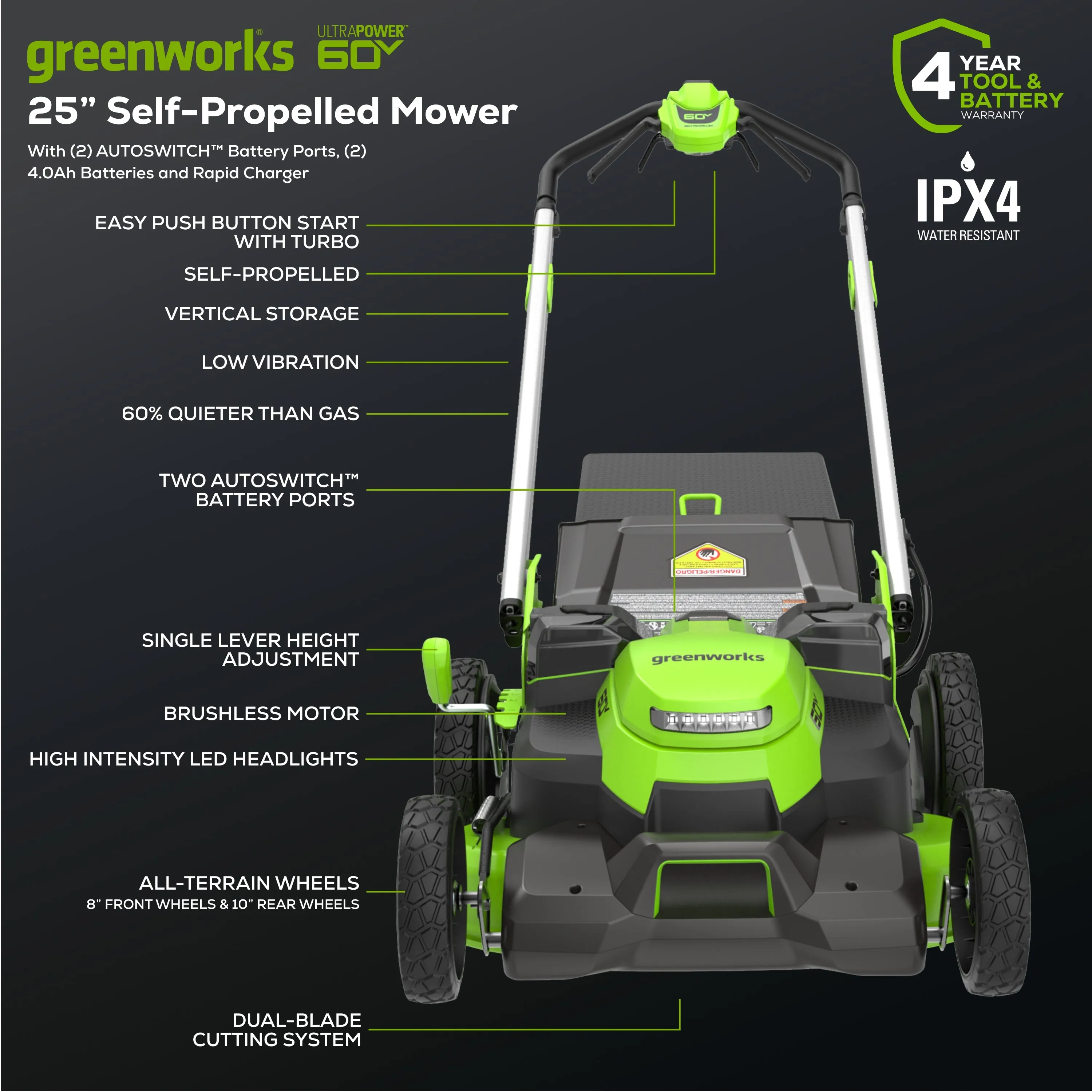 60V 25" Cordless Battery Self-Propelled Mower Combo Kit w/ String Trimmer and Blower