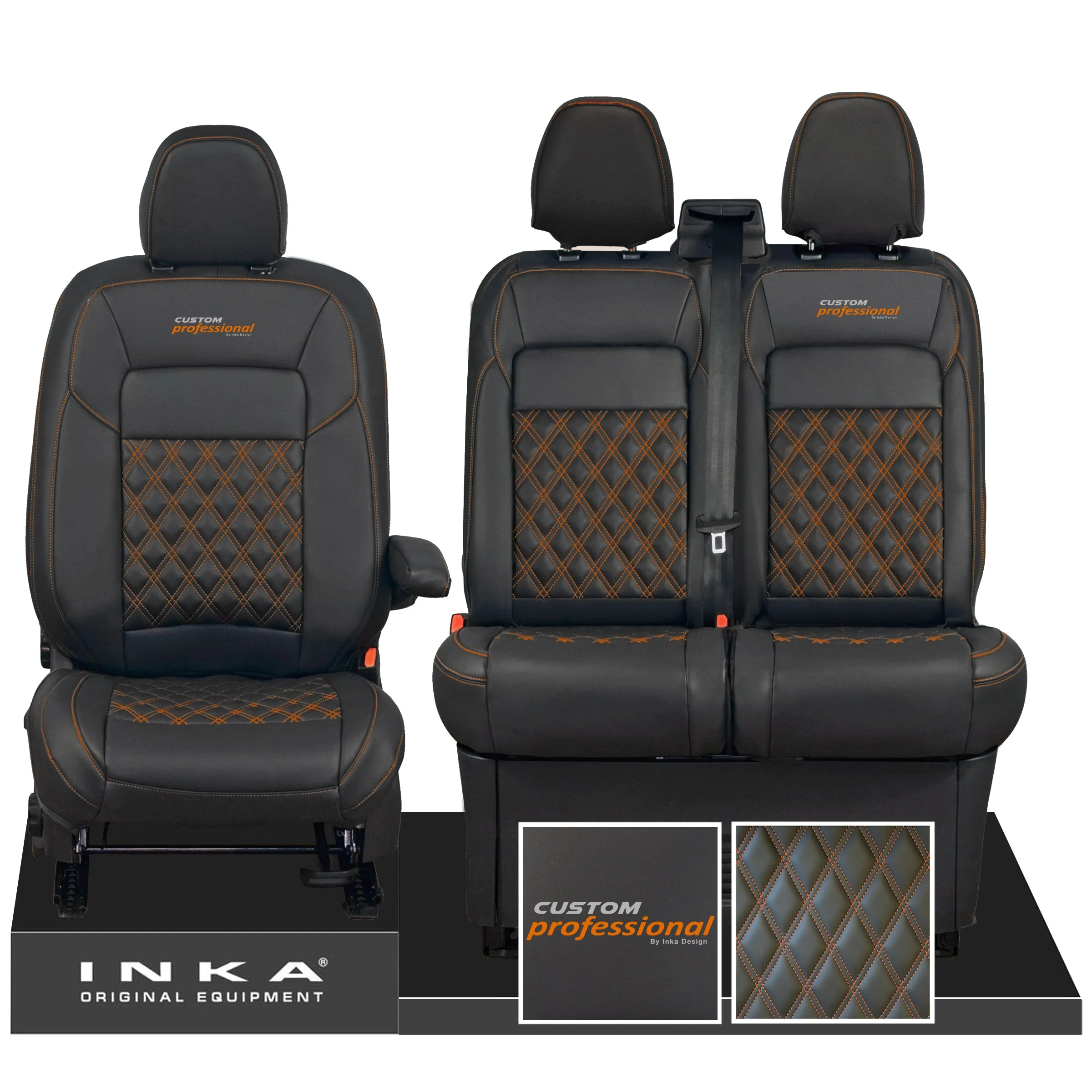 All New Ford Transit Custom Front 1 2 CUSTOM PROFESSIONAL INKA Bentley Leatherette Tailored Seat Covers Black MY-2024 (Choice of 7 Colours)