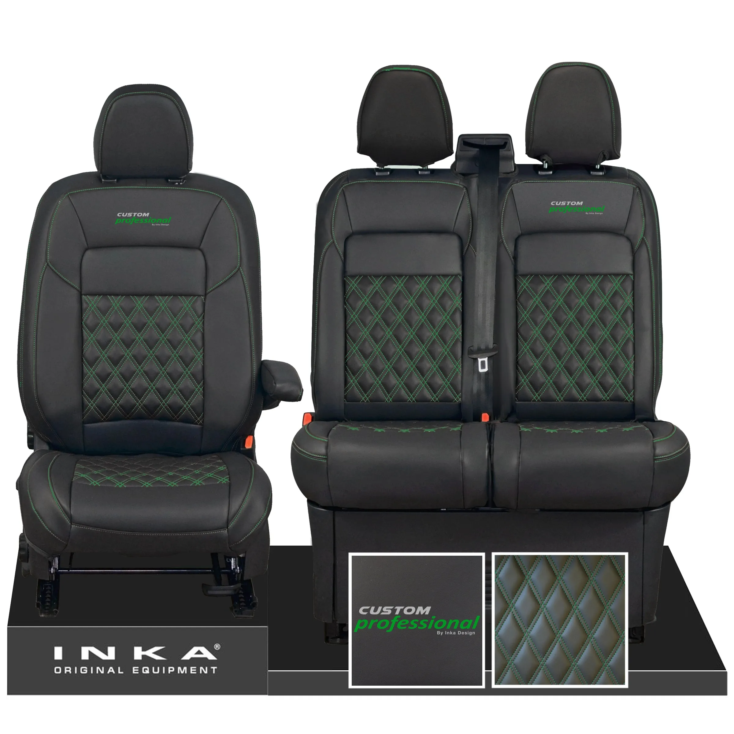 All New Ford Transit Custom Front 1 2 CUSTOM PROFESSIONAL INKA Bentley Leatherette Tailored Seat Covers Black MY-2024 (Choice of 7 Colours)