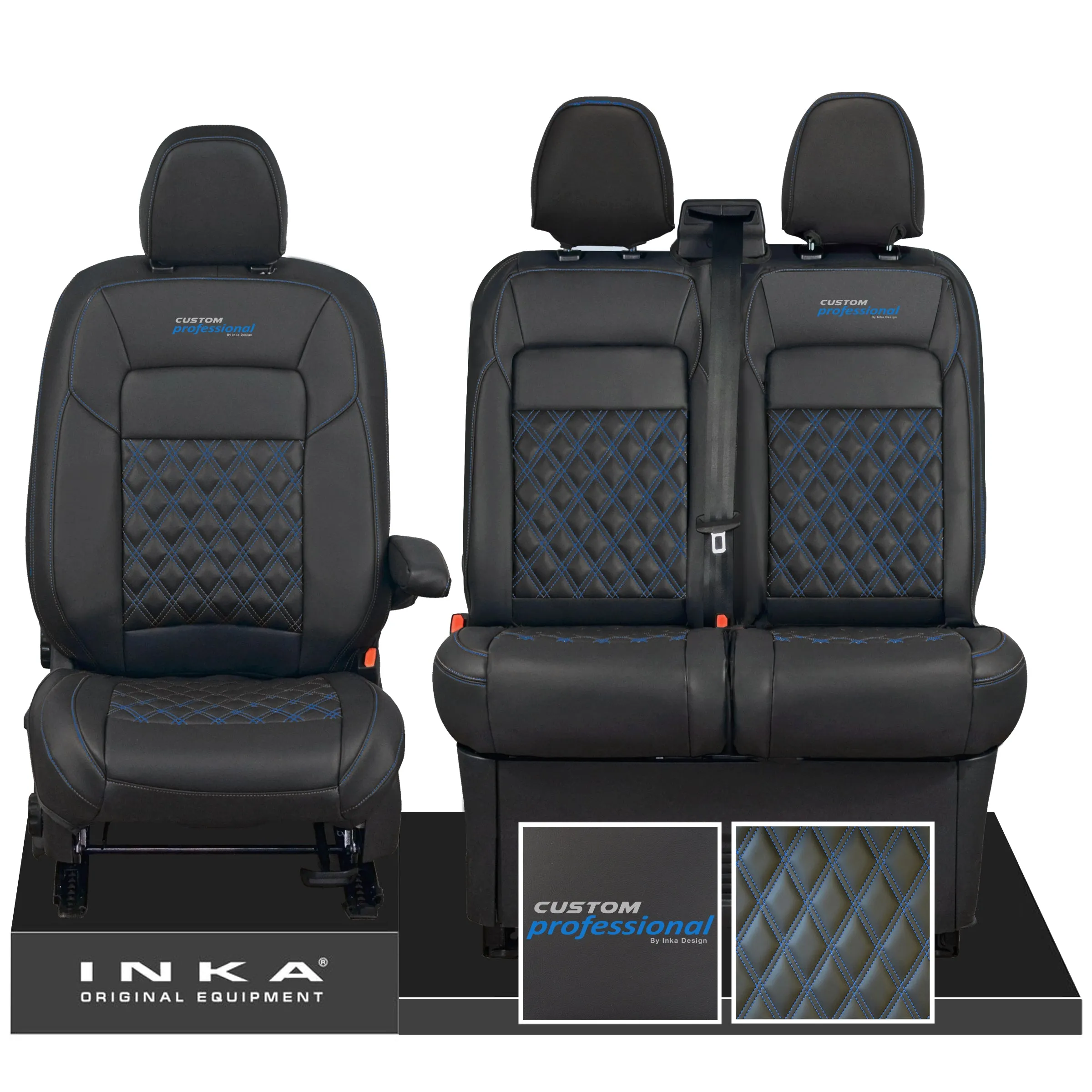 All New Ford Transit Custom Front 1 2 CUSTOM PROFESSIONAL INKA Bentley Leatherette Tailored Seat Covers Black MY-2024 (Choice of 7 Colours)
