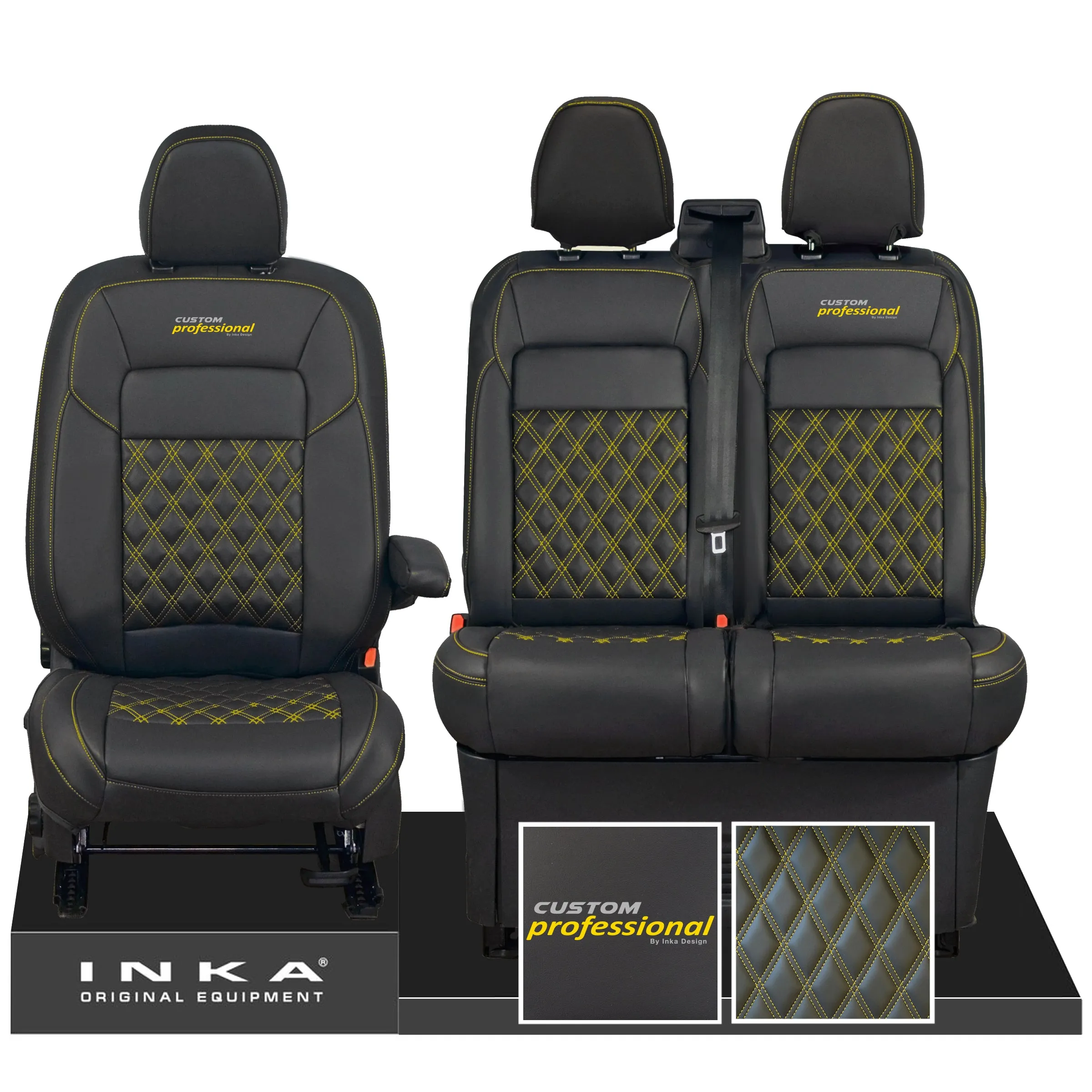 All New Ford Transit Custom Front 1 2 CUSTOM PROFESSIONAL INKA Bentley Leatherette Tailored Seat Covers Black MY-2024 (Choice of 7 Colours)