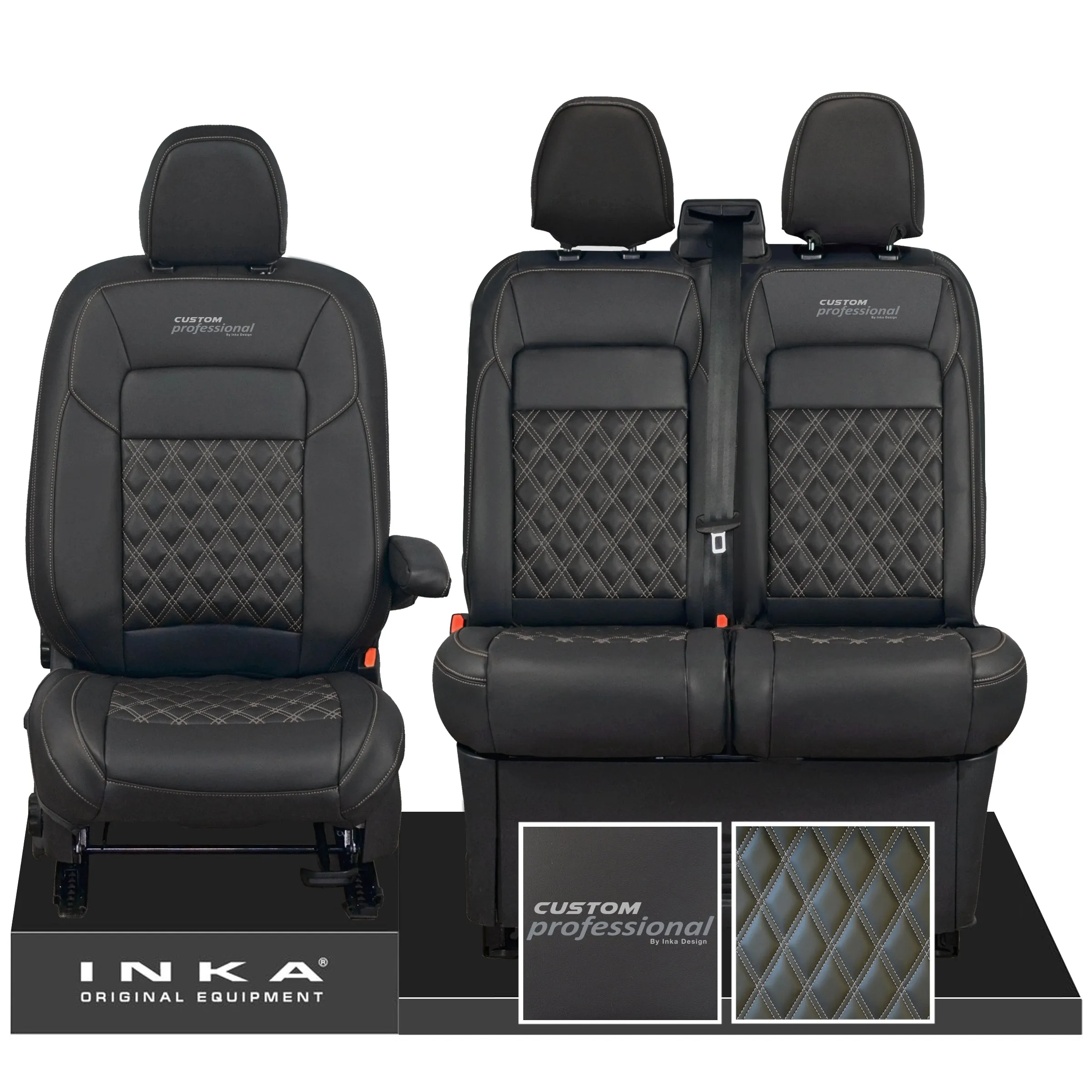 All New Ford Transit Custom Front 1 2 CUSTOM PROFESSIONAL INKA Bentley Leatherette Tailored Seat Covers Black MY-2024 (Choice of 7 Colours)