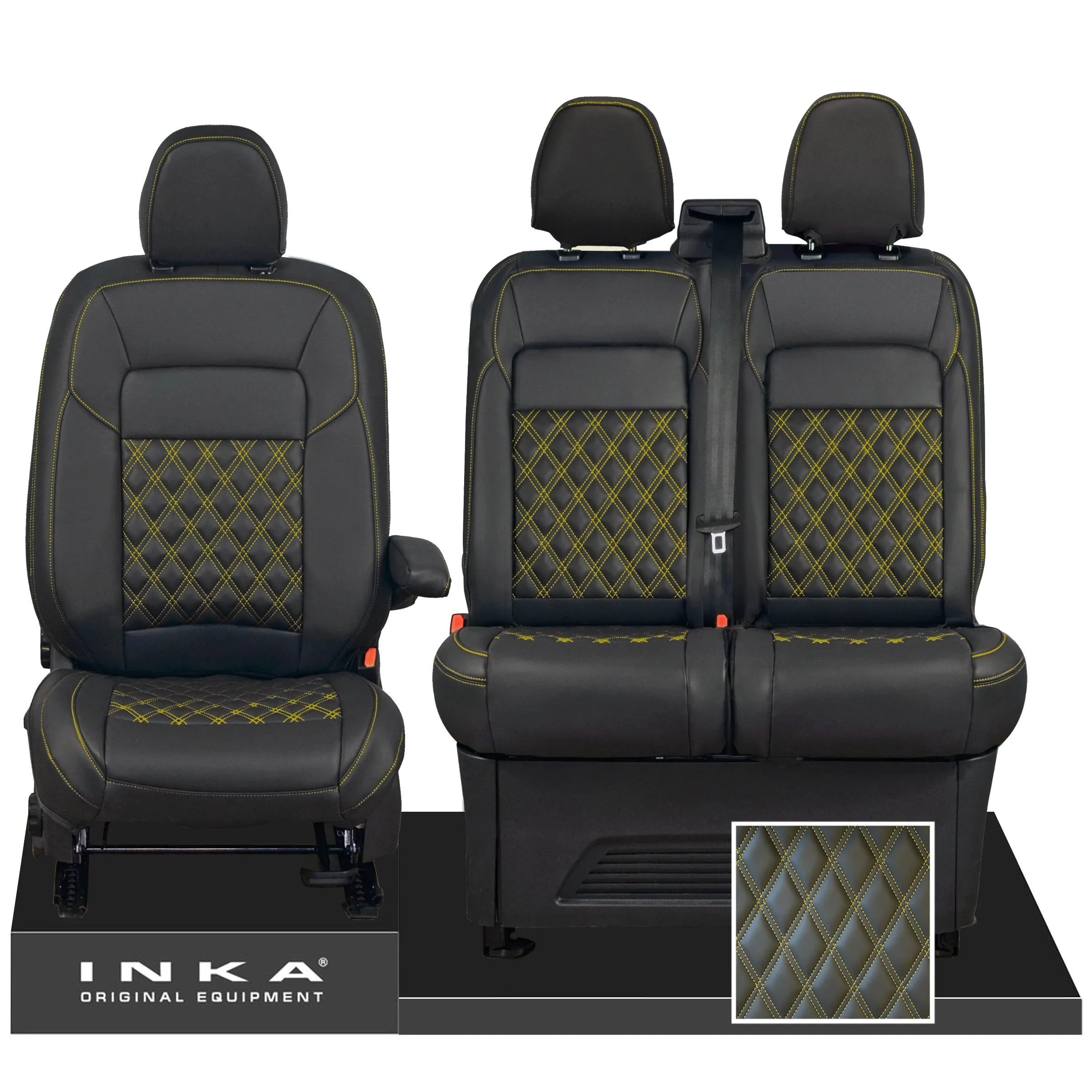 All New Ford Transit Custom Front 1 2 INKA Bentley Leatherette Tailored Seat Covers Black MY-2024 (Choice of 7 Colours)