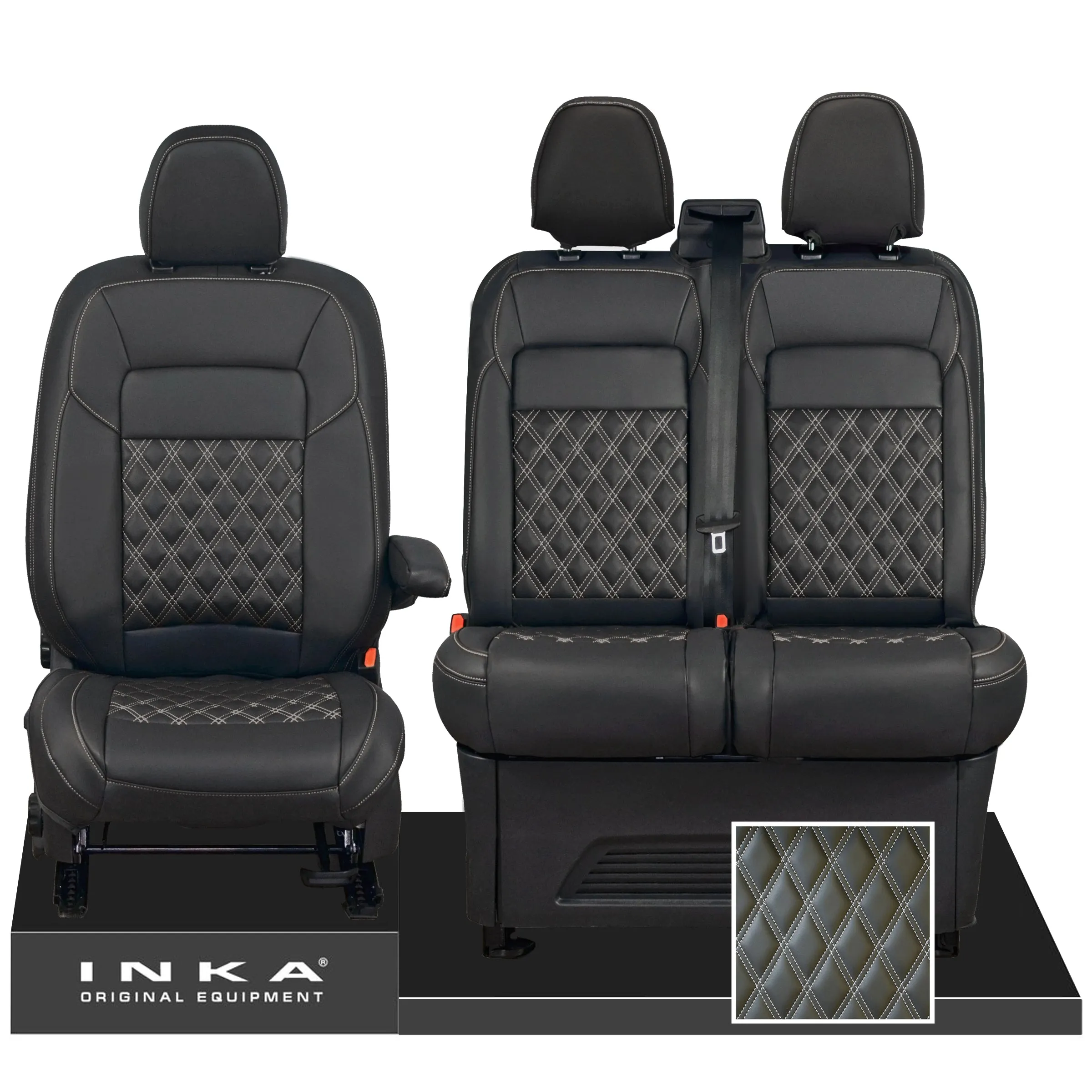 All New Ford Transit Custom Front 1 2 INKA Bentley Leatherette Tailored Seat Covers Black MY-2024 (Choice of 7 Colours)