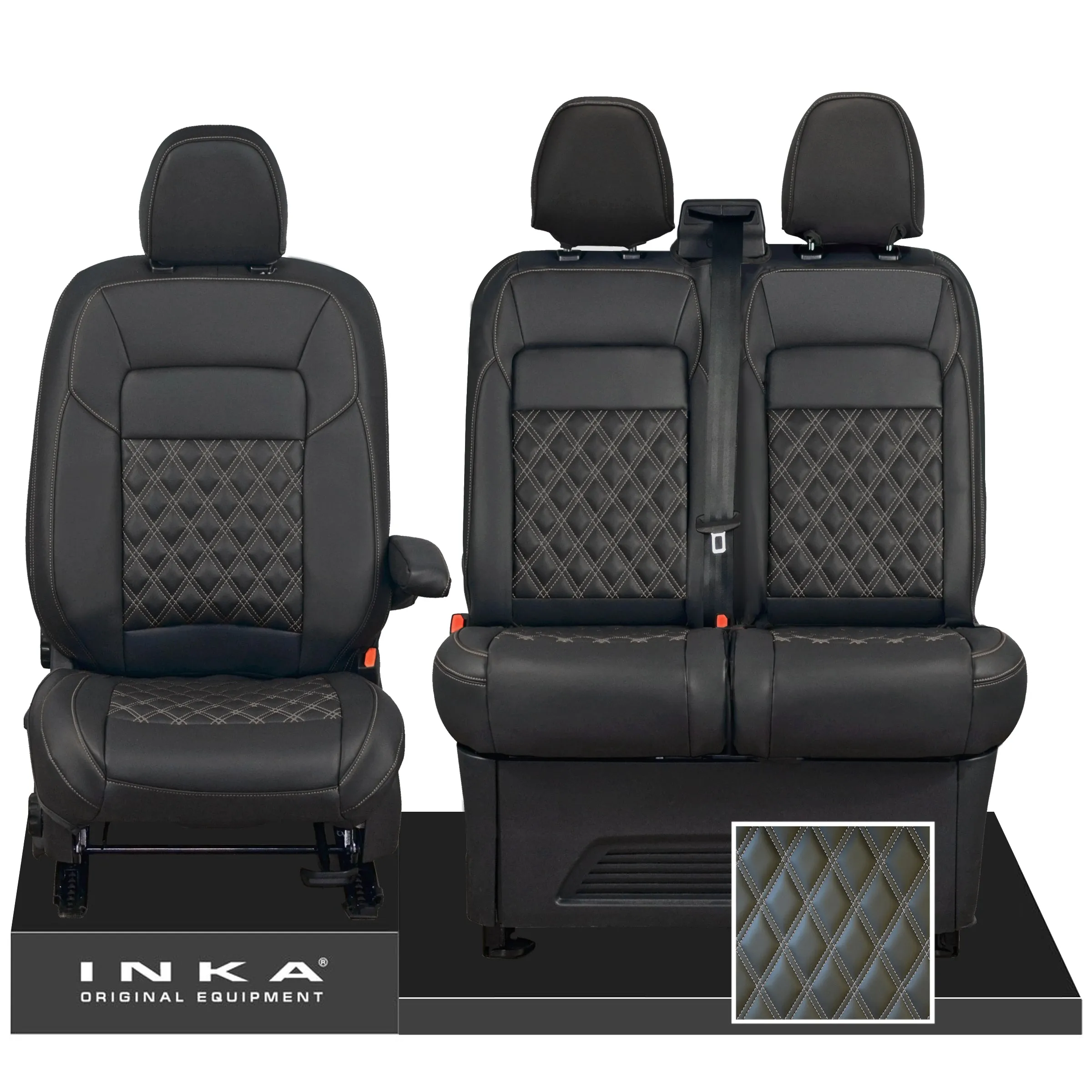 All New Ford Transit Custom Front 1 2 INKA Bentley Leatherette Tailored Seat Covers Black MY-2024 (Choice of 7 Colours)