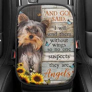 And God Saidy Little Yorkshire Terrier Sunflower Butterfly Seat Box Cover, Bible Verse Car Center Console Cover, Christian Car Interior Accessories