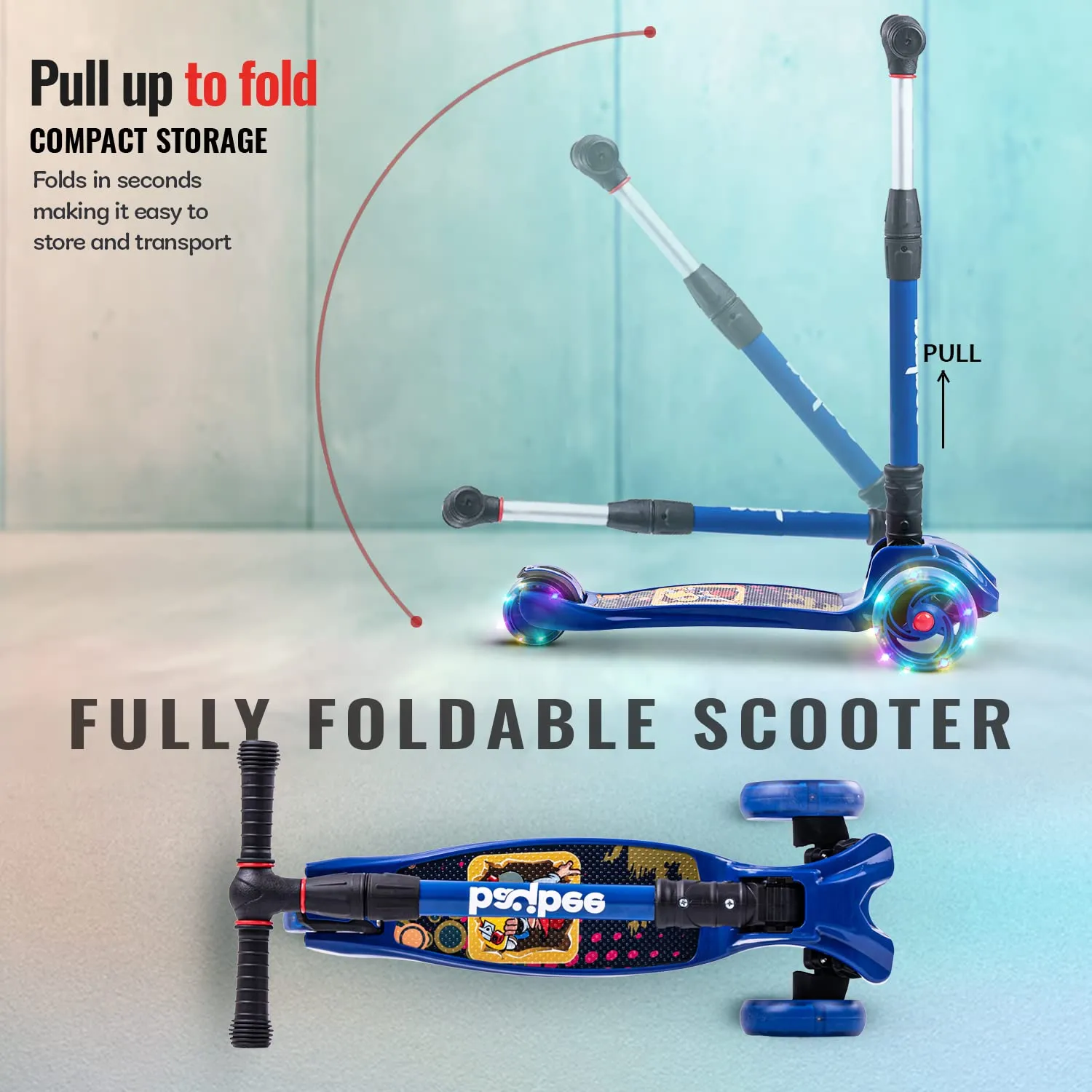 Baybee Flash Scooter for Kids with Foldable & Height Adjustable Handle & Extra-Wide LED PU Wheels & Brake