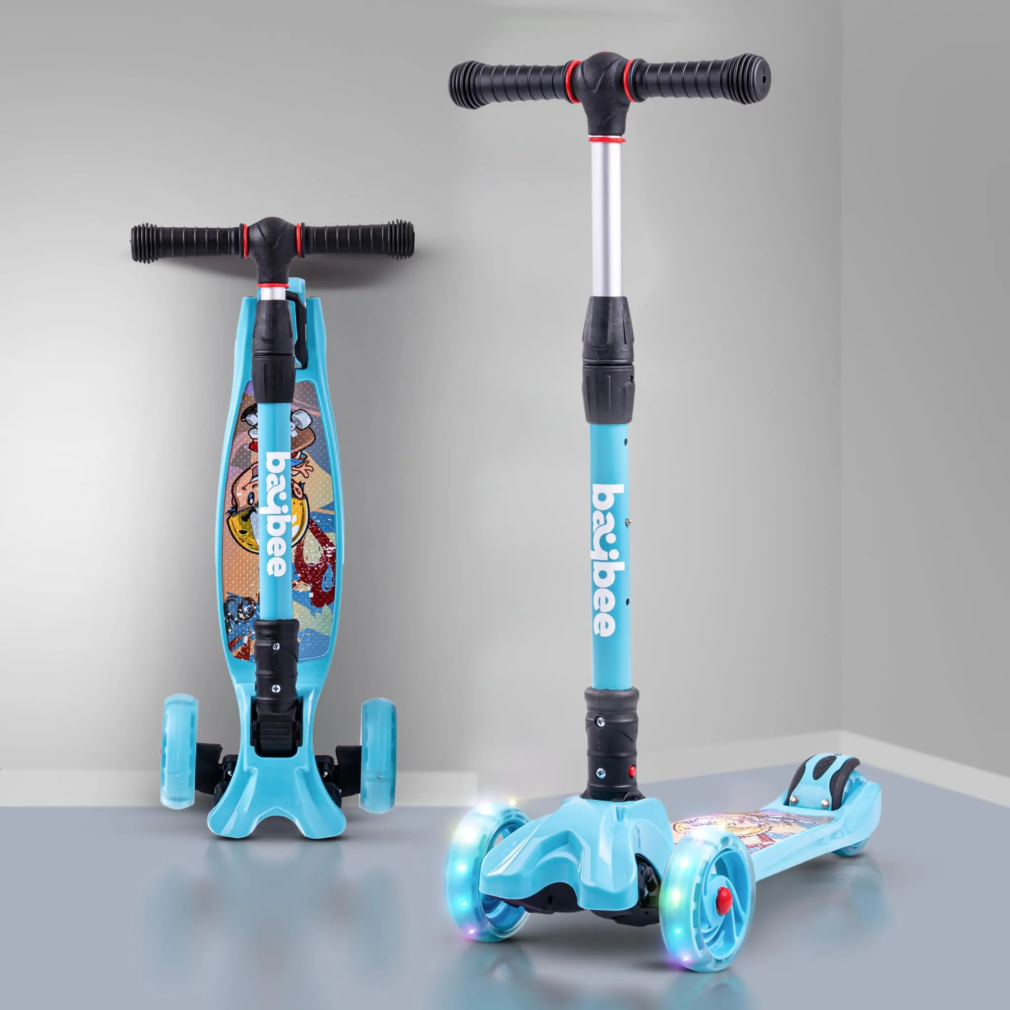 Baybee Flash Scooter for Kids with Foldable & Height Adjustable Handle & Extra-Wide LED PU Wheels & Brake