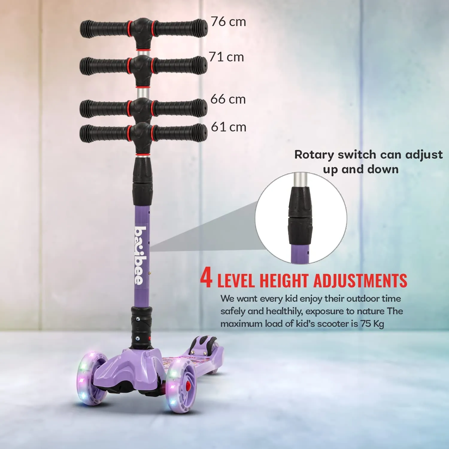 Baybee Flash Scooter for Kids with Foldable & Height Adjustable Handle & Extra-Wide LED PU Wheels & Brake