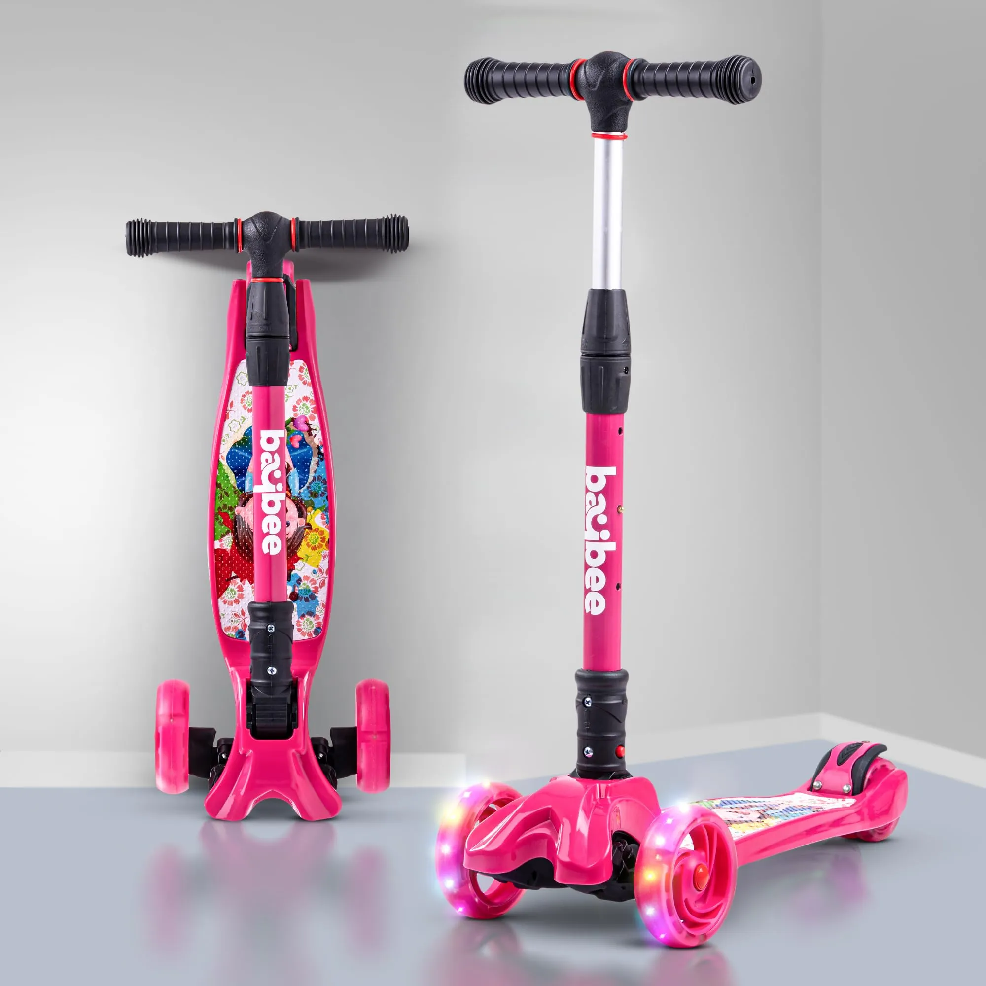 Baybee Flash Scooter for Kids with Foldable & Height Adjustable Handle & Extra-Wide LED PU Wheels & Brake