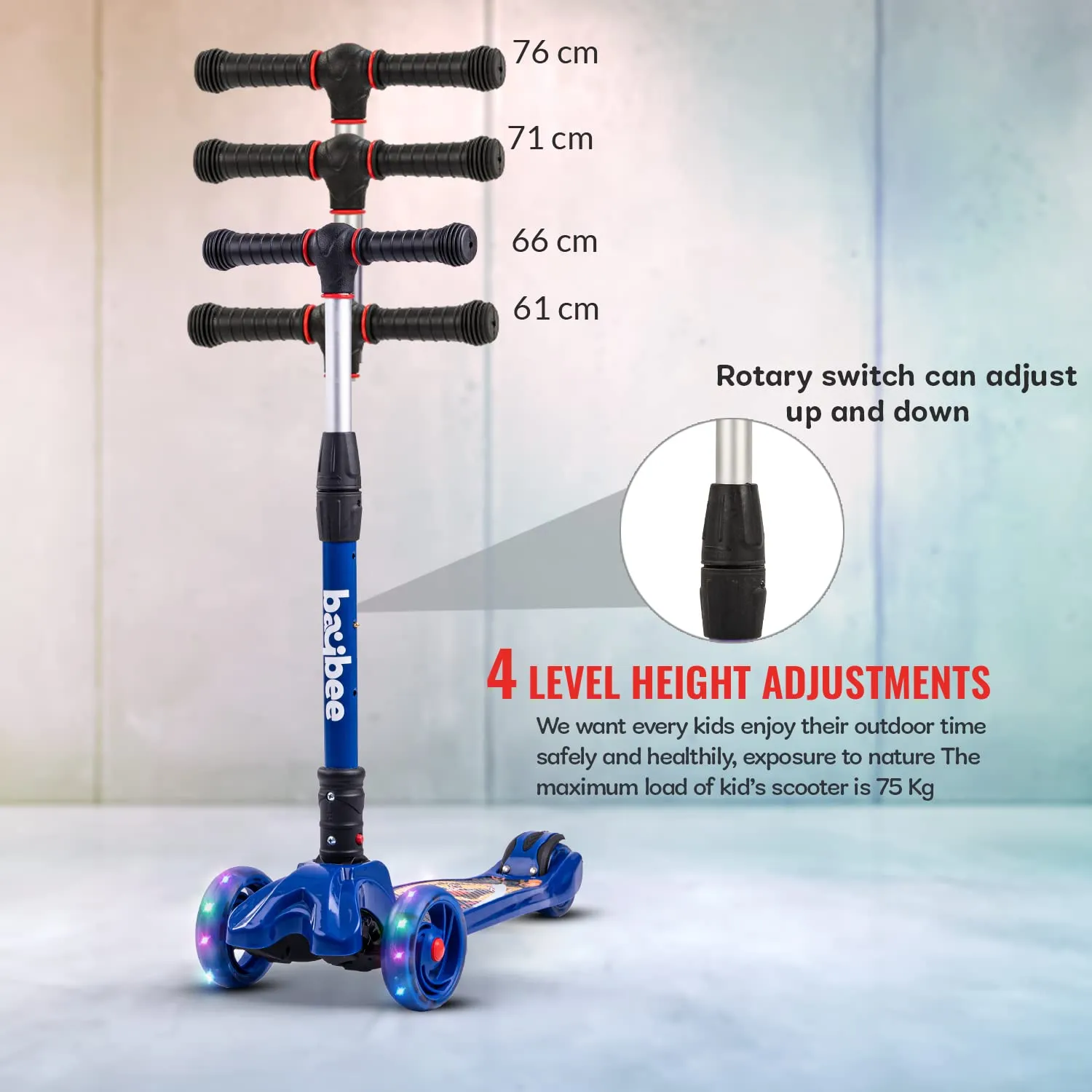 Baybee Flash Scooter for Kids with Foldable & Height Adjustable Handle & Extra-Wide LED PU Wheels & Brake