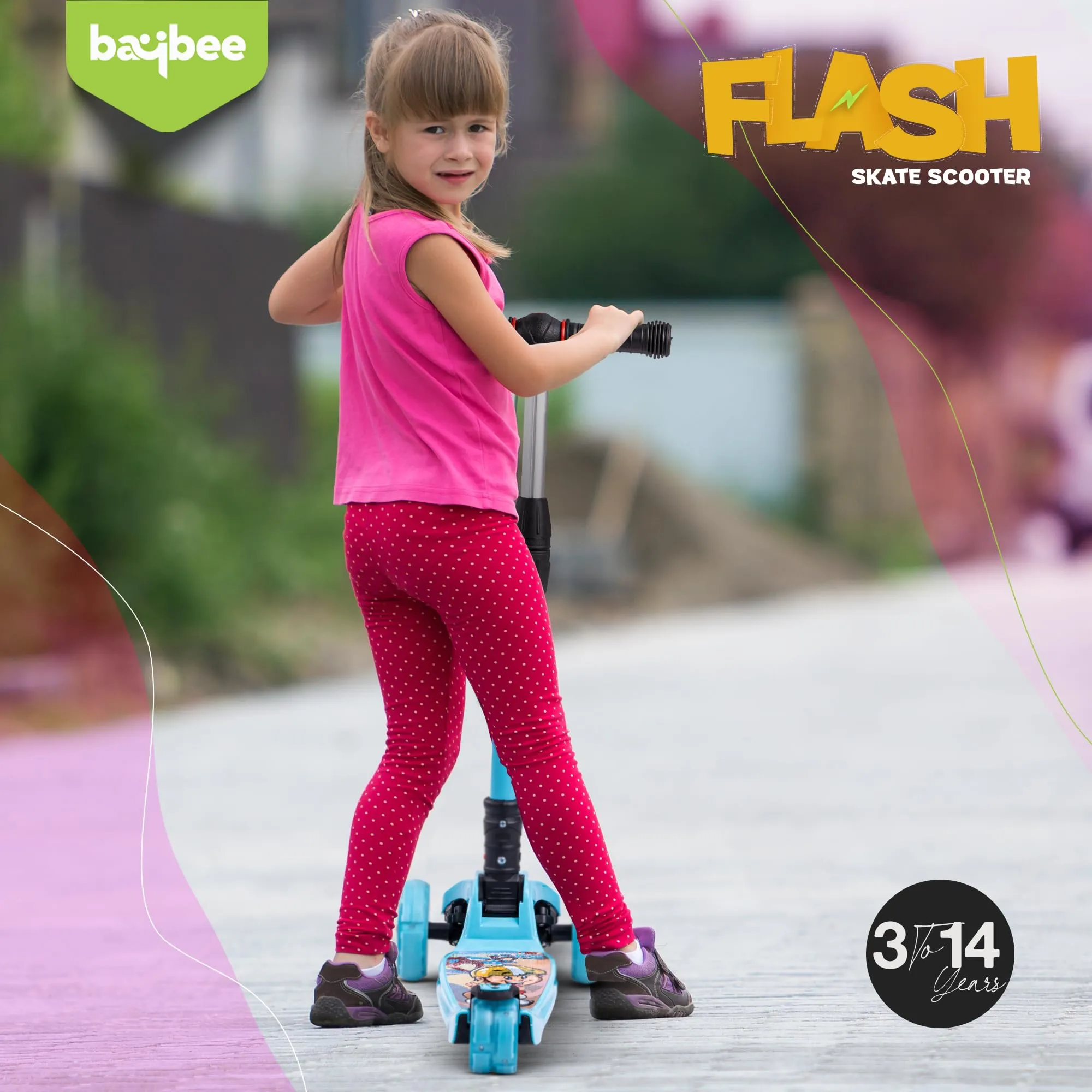 Baybee Flash Scooter for Kids with Foldable & Height Adjustable Handle & Extra-Wide LED PU Wheels & Brake
