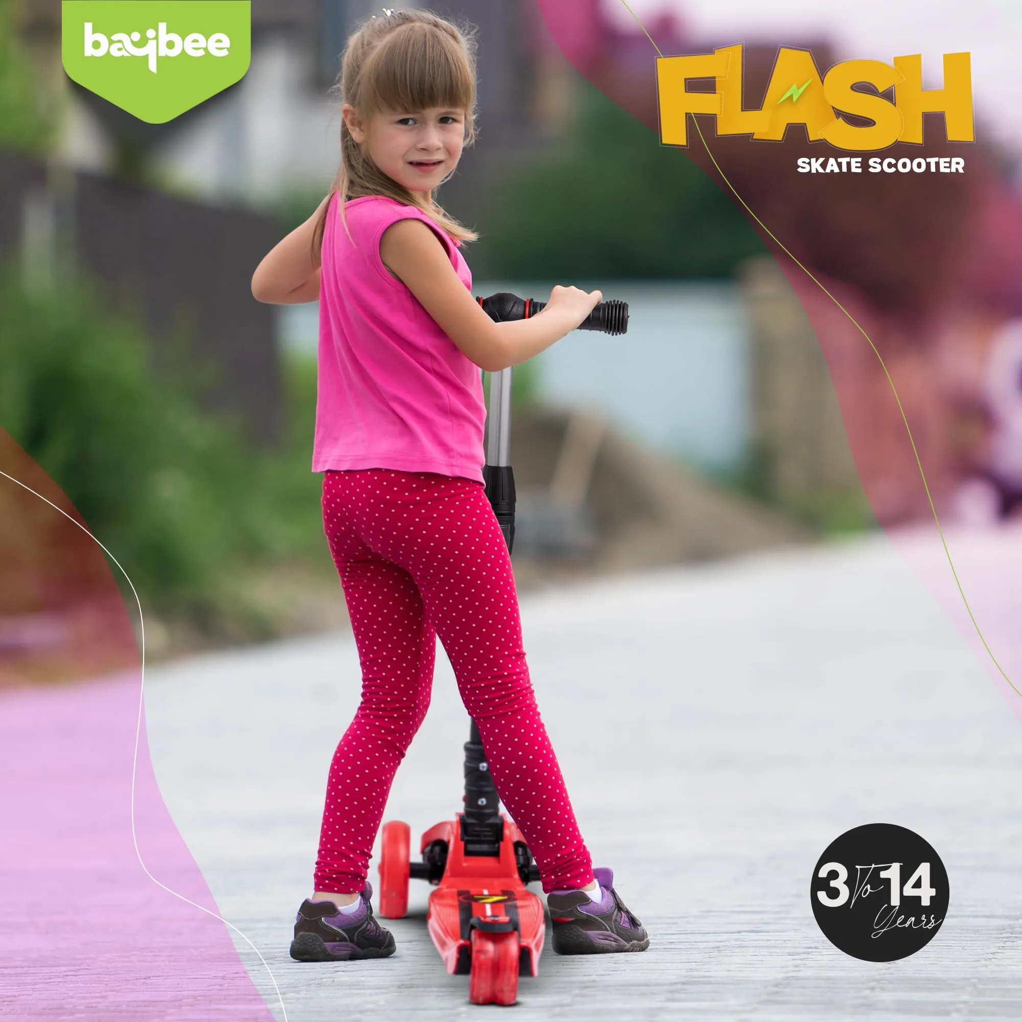 Baybee Flash Scooter for Kids with Foldable & Height Adjustable Handle & Extra-Wide LED PU Wheels & Brake