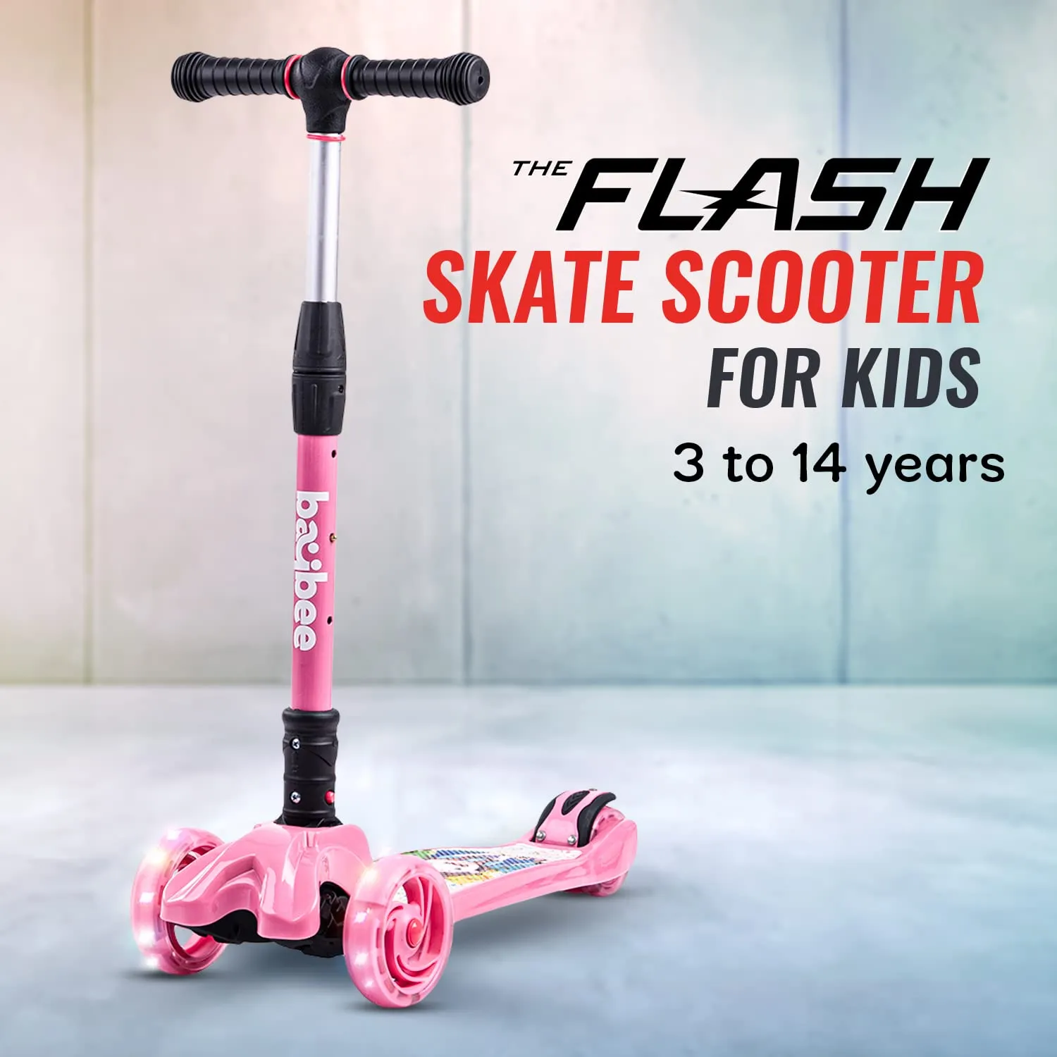 Baybee Flash Scooter for Kids with Foldable & Height Adjustable Handle & Extra-Wide LED PU Wheels & Brake