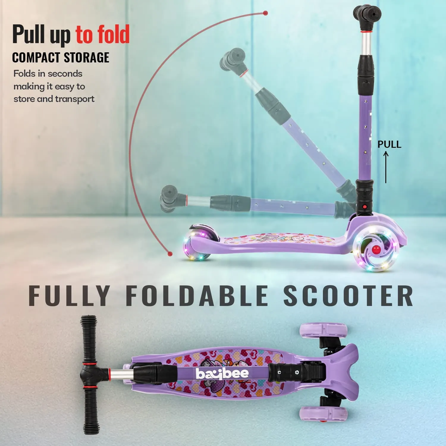 Baybee Flash Scooter for Kids with Foldable & Height Adjustable Handle & Extra-Wide LED PU Wheels & Brake