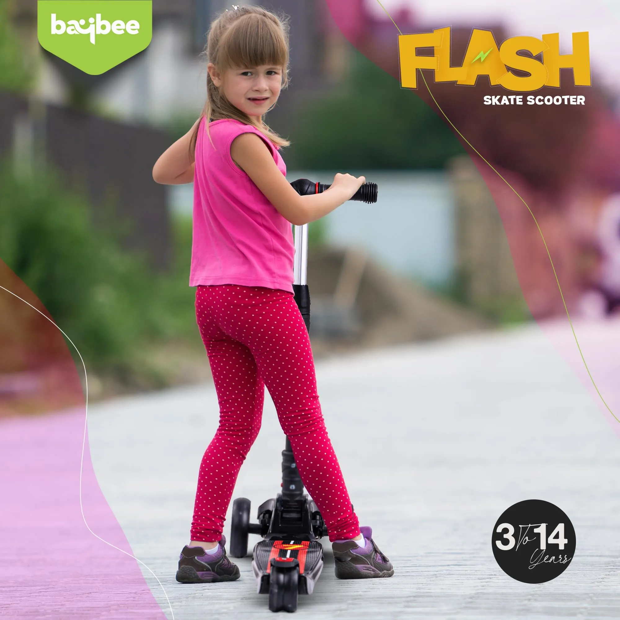 Baybee Flash Scooter for Kids with Foldable & Height Adjustable Handle & Extra-Wide LED PU Wheels & Brake