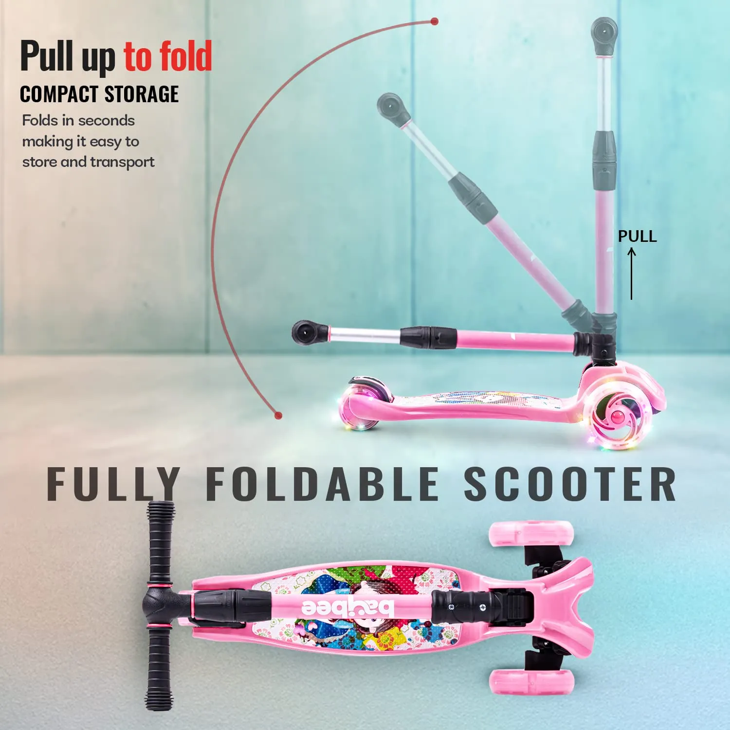 Baybee Flash Scooter for Kids with Foldable & Height Adjustable Handle & Extra-Wide LED PU Wheels & Brake