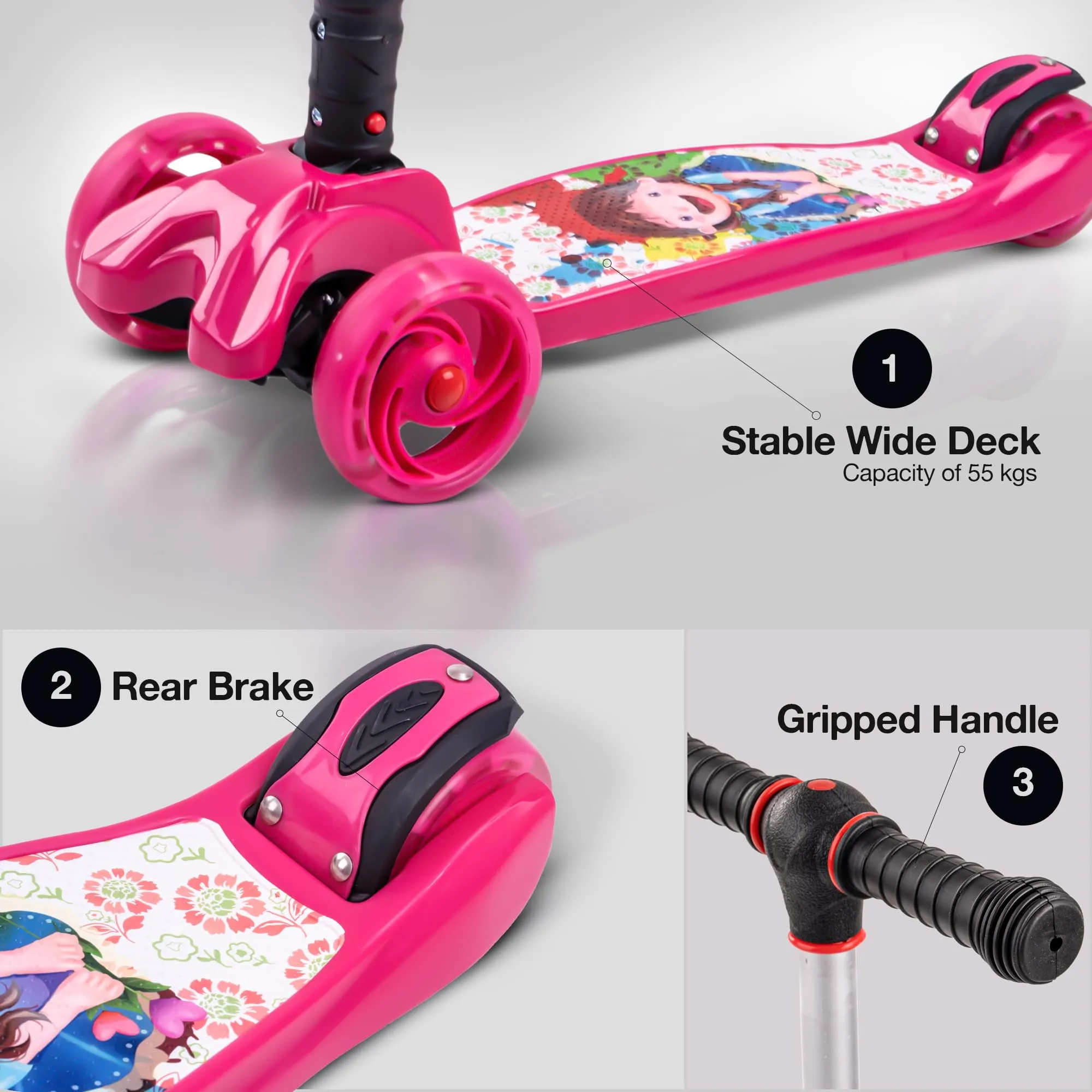 Baybee Flash Scooter for Kids with Foldable & Height Adjustable Handle & Extra-Wide LED PU Wheels & Brake