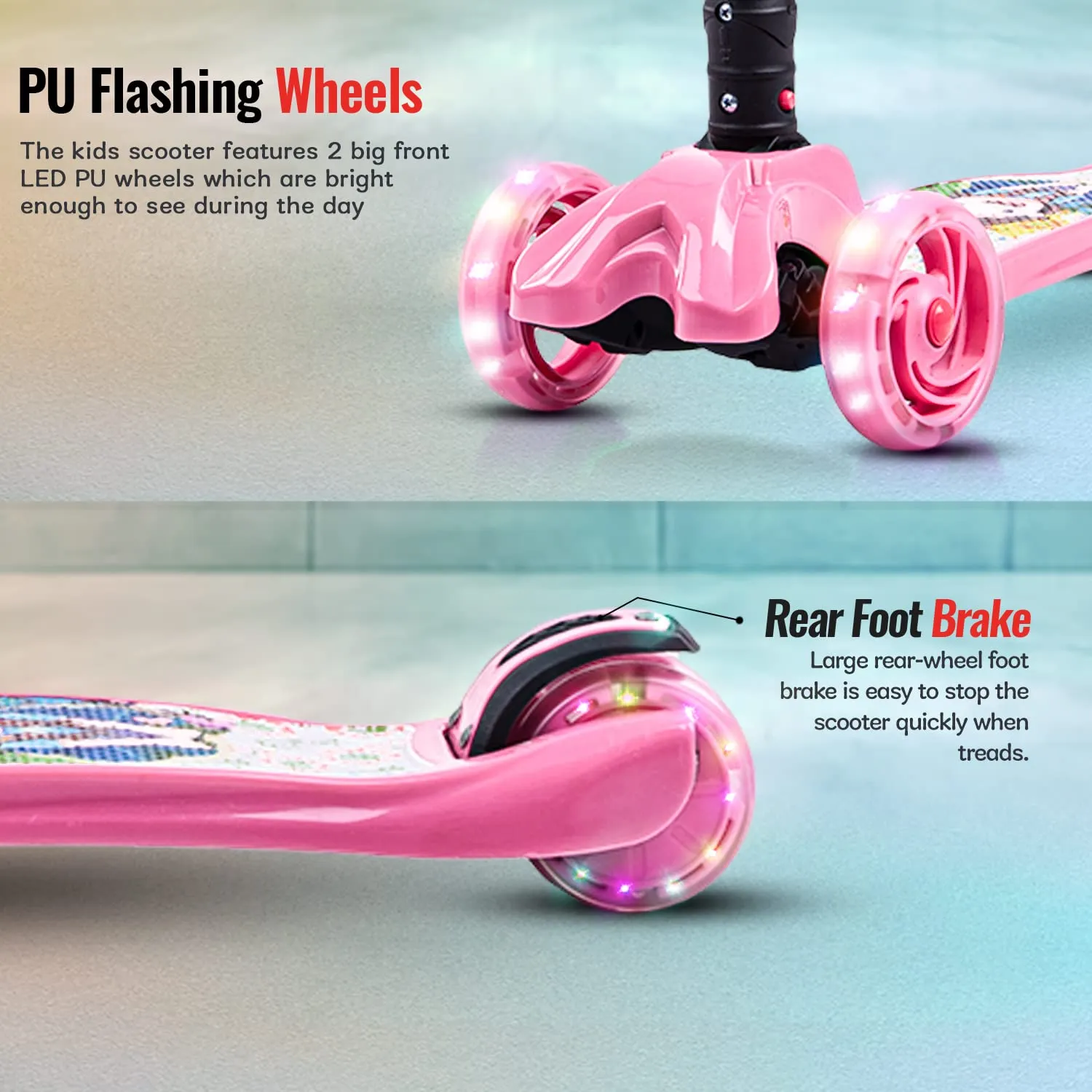 Baybee Flash Scooter for Kids with Foldable & Height Adjustable Handle & Extra-Wide LED PU Wheels & Brake