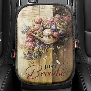 Beautiful Flowers White Butterfly Just Breathe Seat Box Cover, Bible Verse Car Center Console Cover, Inspirational Car Interior Accessories