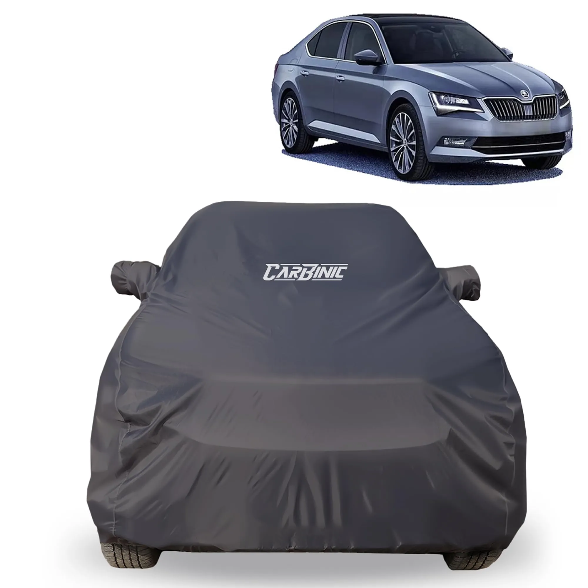 CARBINIC Car Body Cover for Skoda Superb 2017 | Water Resistant, UV Protection Car Cover | Scratchproof Body Shield | Dustproof All-Weather Cover | Mirror Pocket & Antenna | Car Accessories, Grey