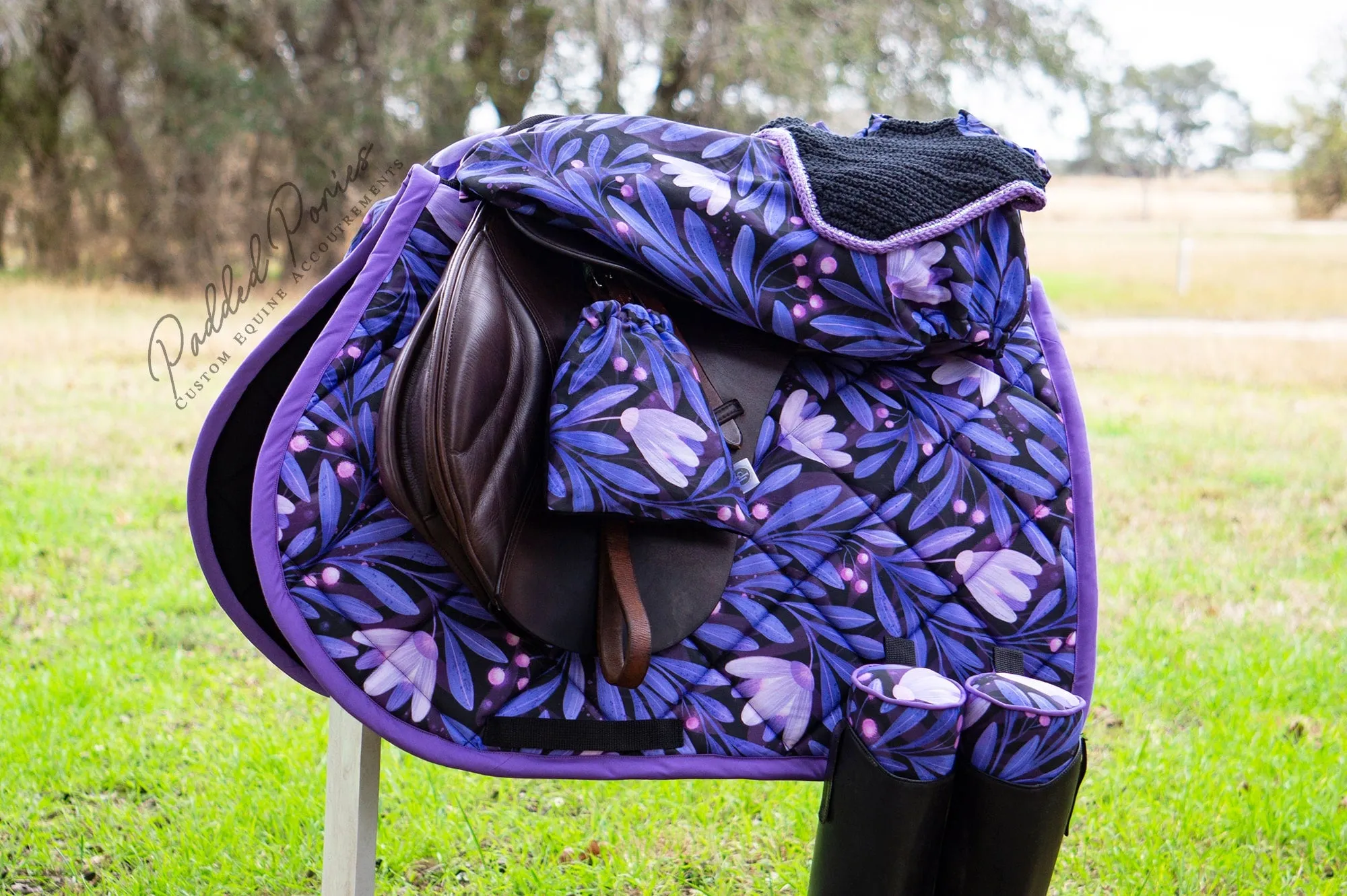 Custom Stirrup Covers Purple Moonflowers