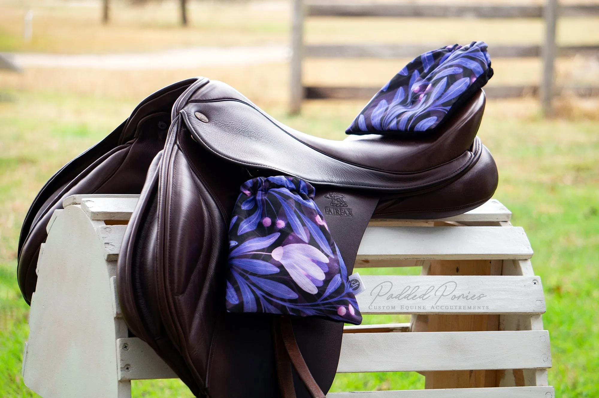 Custom Stirrup Covers Purple Moonflowers