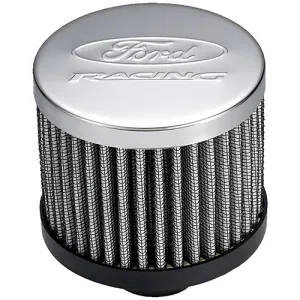 Ford Racing Push-In Round Breather - 1-1/4 in Hole - Ford Racing Logo - Chrome 302-236
