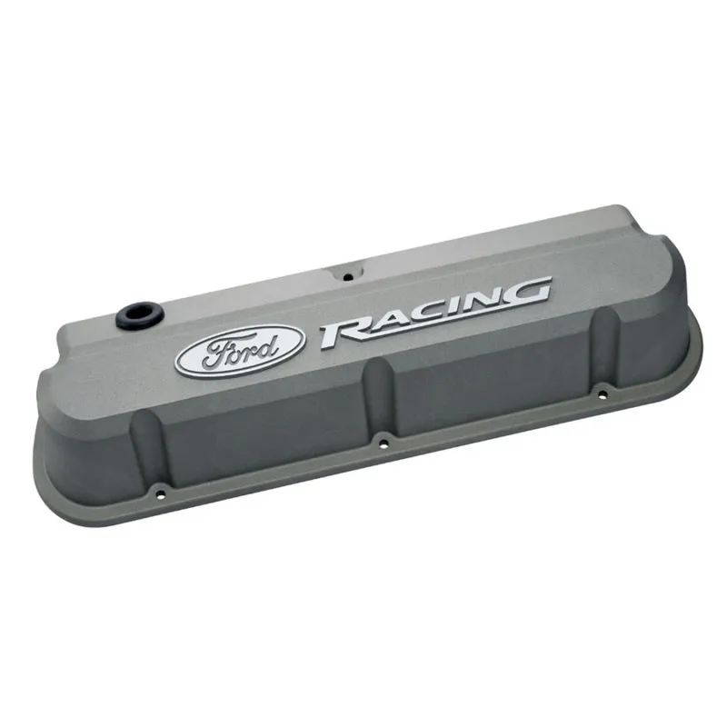 Ford Racing Slant-Edge Tall Valve Cover - Baffled - Breather Hole - Raised Ford Racing Logo - Gray Crinkle - Small Block Ford (Pair)