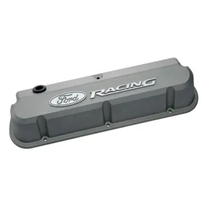 Ford Racing Slant-Edge Tall Valve Cover - Baffled - Breather Hole - Raised Ford Racing Logo - Gray Crinkle - Small Block Ford (Pair)