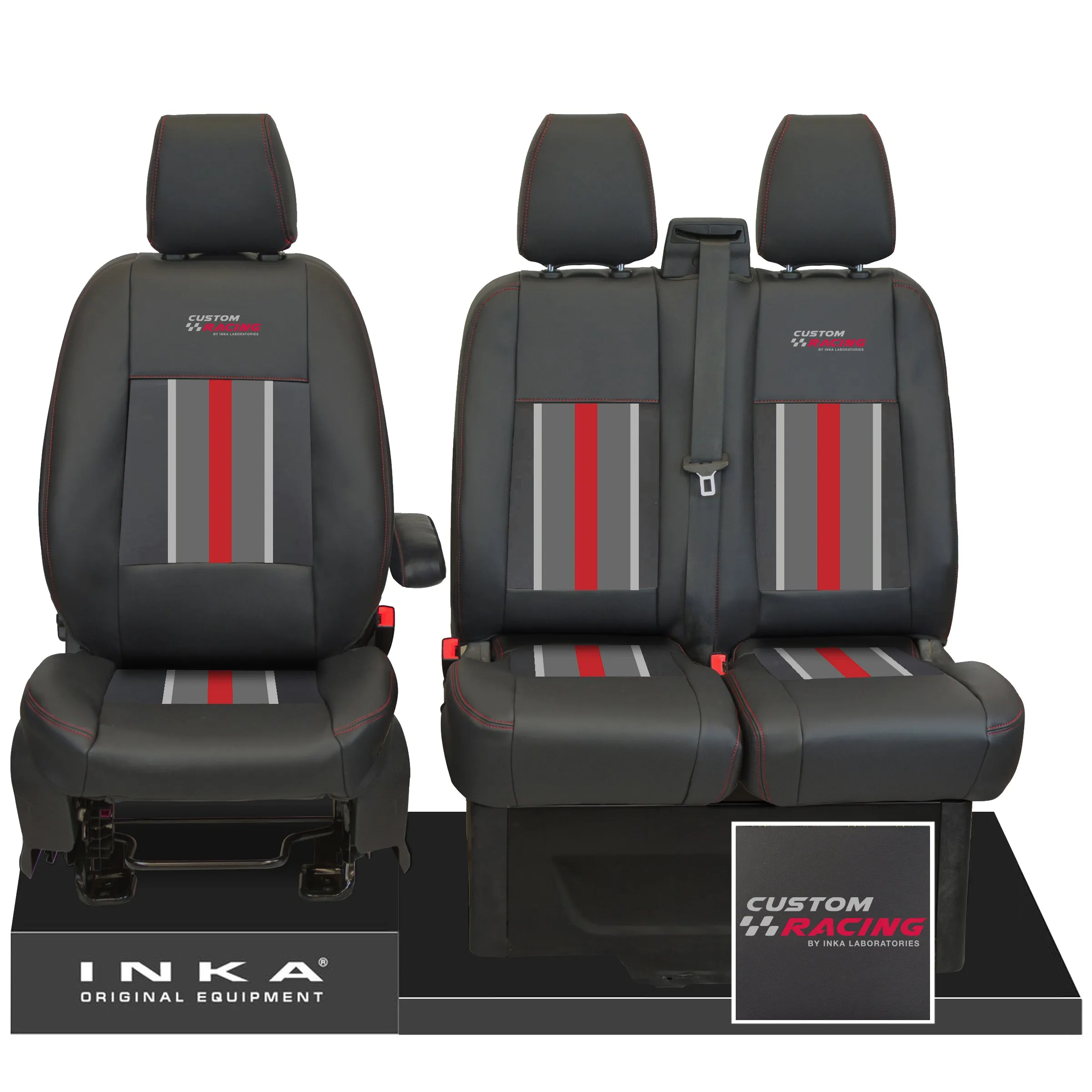 Ford Transit Custom Front 1 2 INKA Icon Striped Leatherette Tailored Seat Covers Black MY-12-23