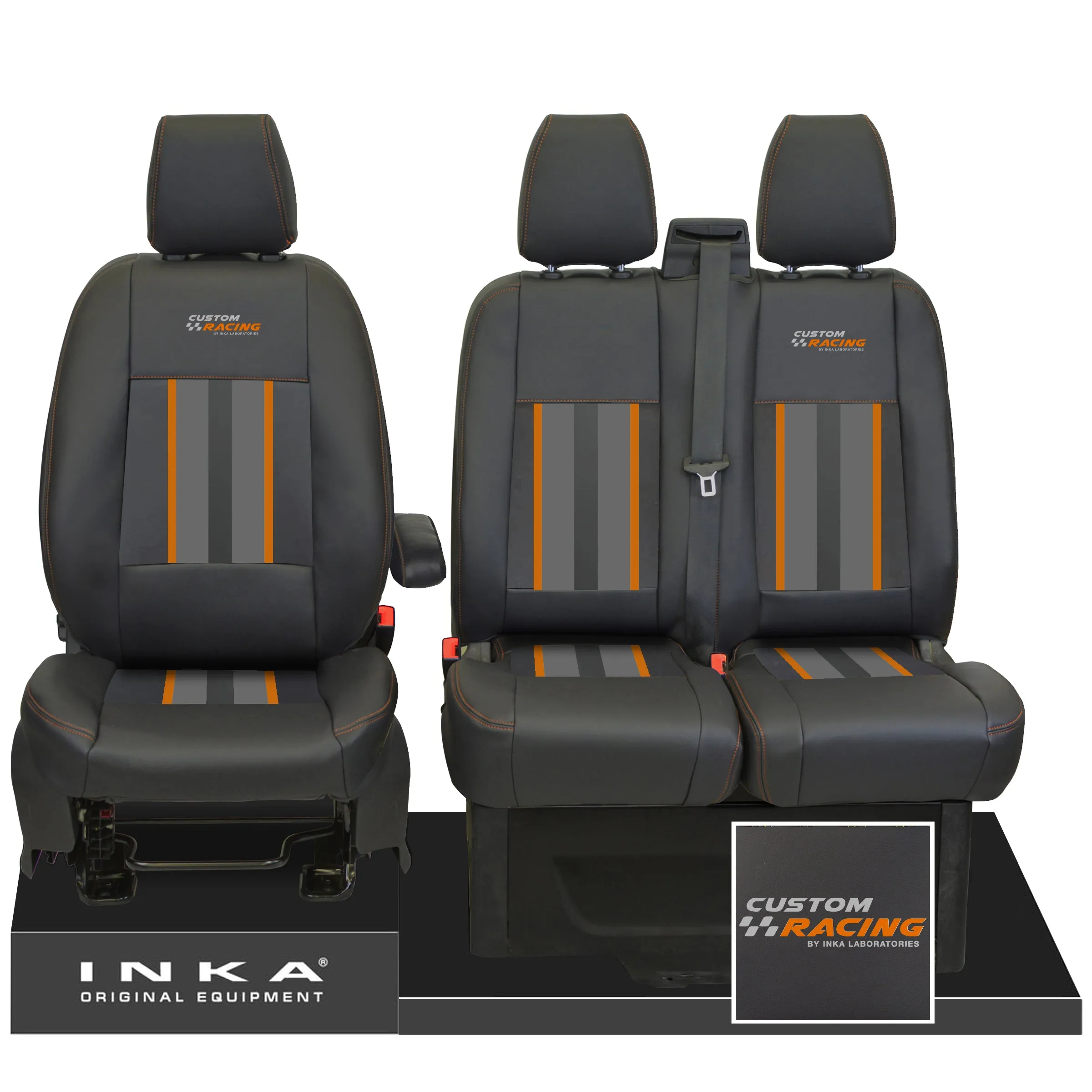 Ford Transit Custom Front 1 2 INKA Icon Striped Leatherette Tailored Seat Covers Black MY-12-23