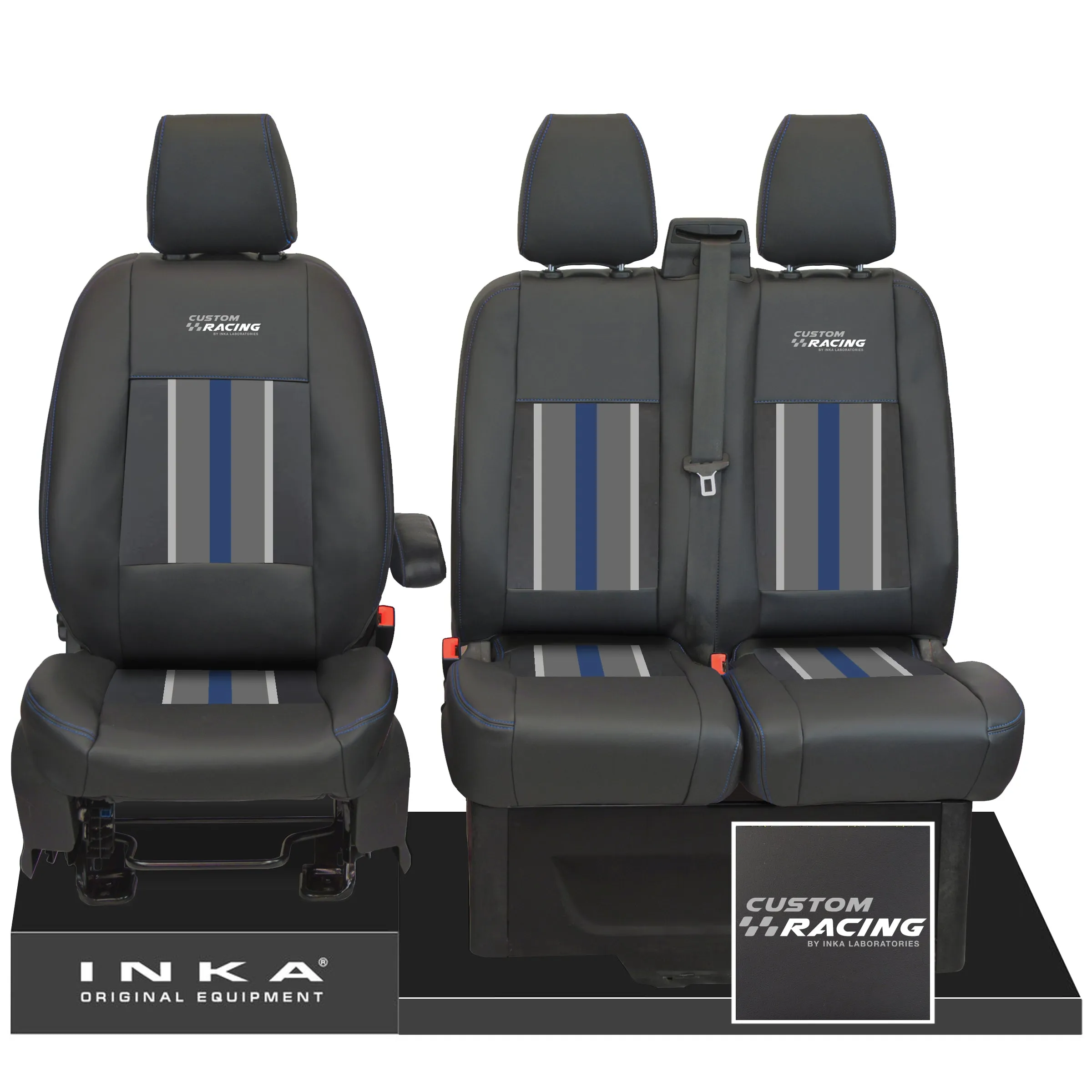 Ford Transit Custom Front 1 2 INKA Icon Striped Leatherette Tailored Seat Covers Black MY-12-23