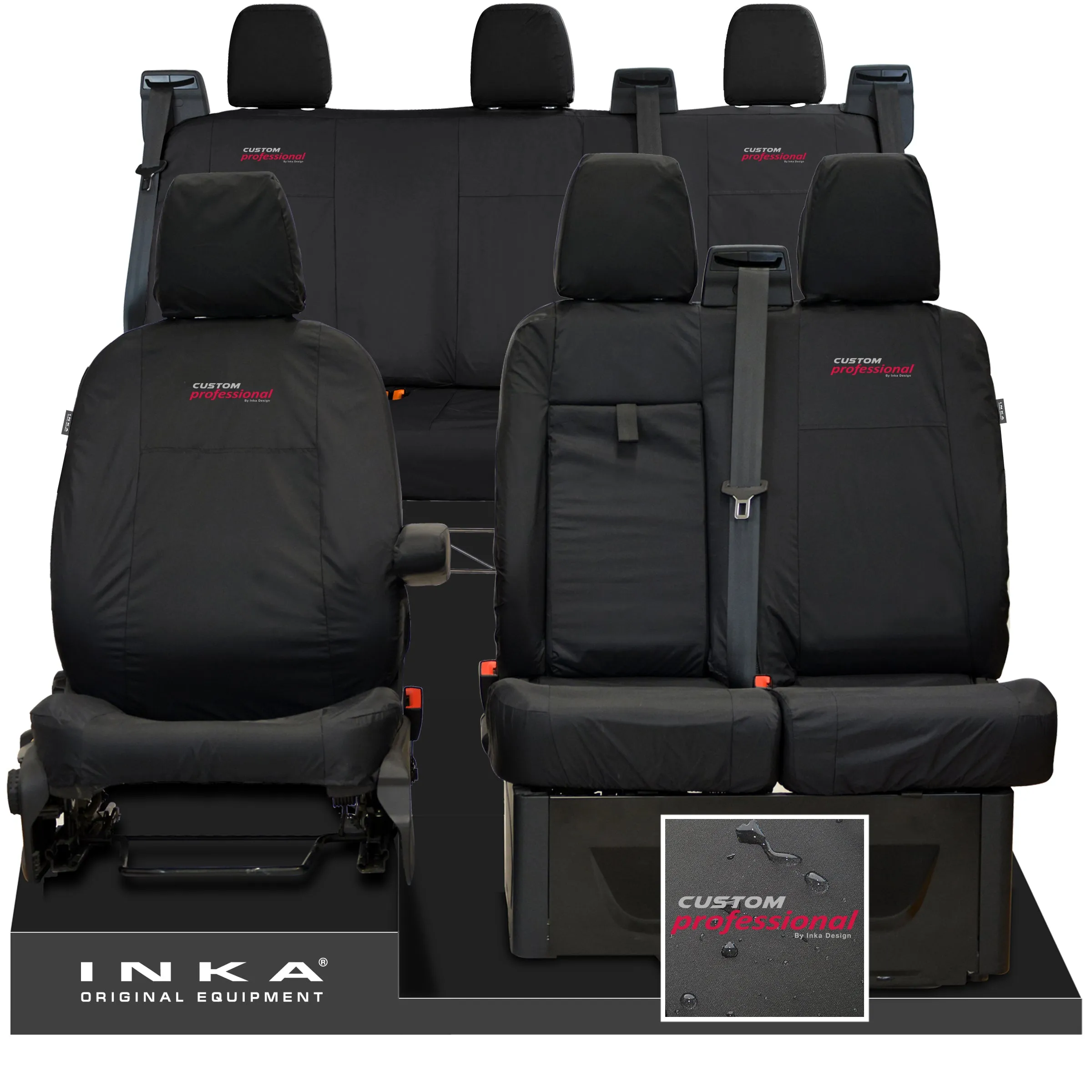 Ford Transit Custom INKA Front 1 2 & Rear Triple Tailored Waterproof Seat Covers Black MY-12-23 (Choice of 7 Colours)