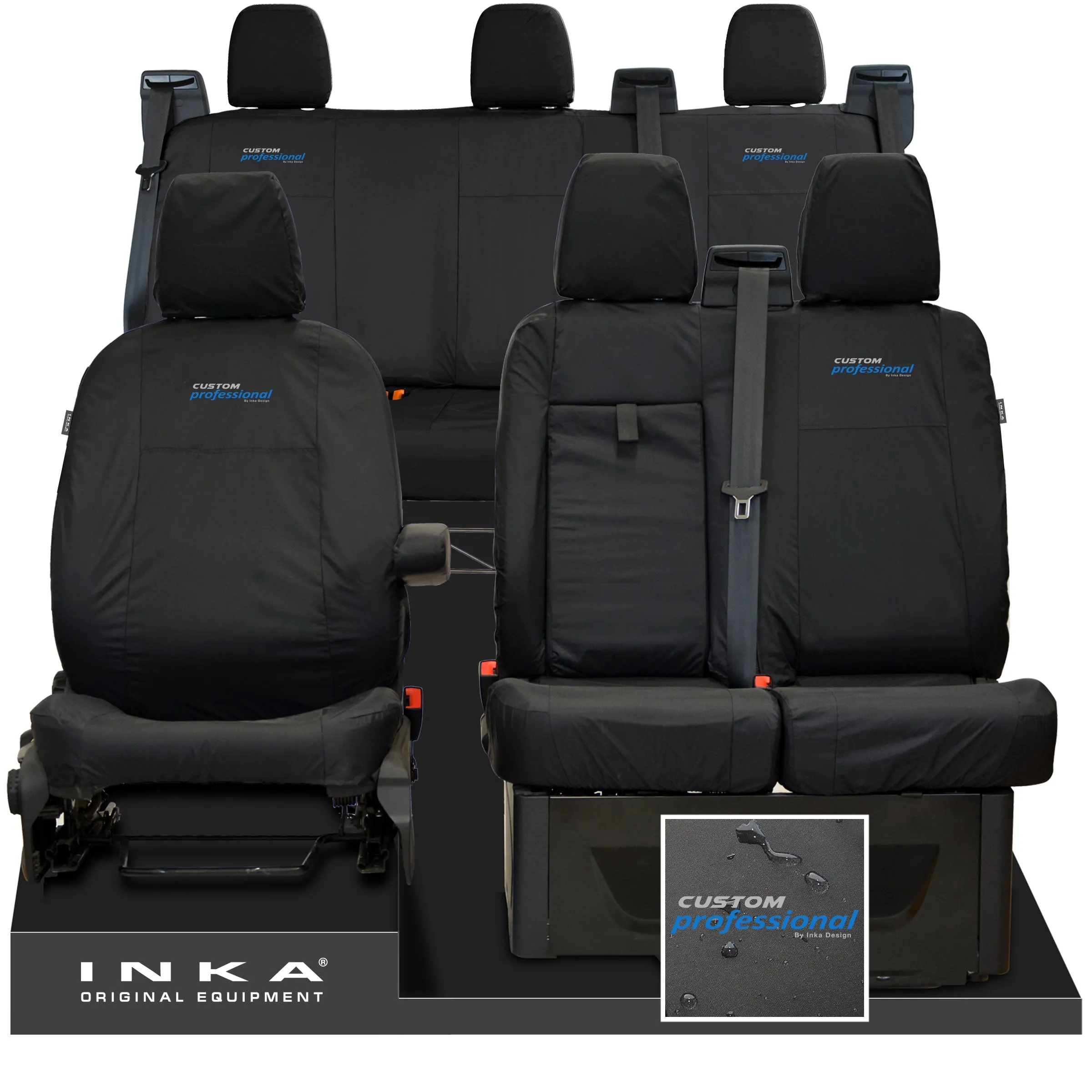 Ford Transit Custom INKA Front 1 2 & Rear Triple Tailored Waterproof Seat Covers Black MY-12-23 (Choice of 7 Colours)