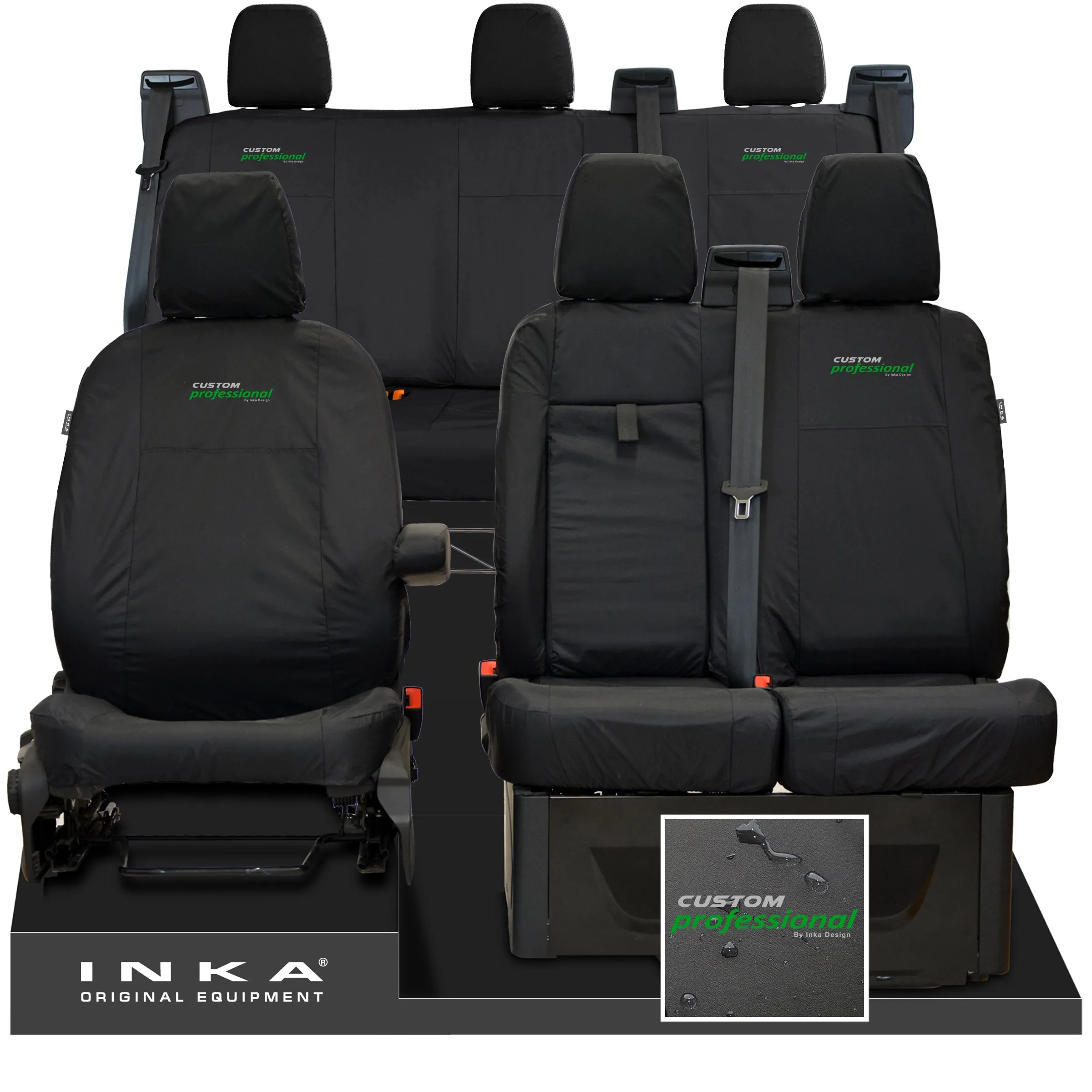 Ford Transit Custom INKA Front 1 2 & Rear Triple Tailored Waterproof Seat Covers Black MY-12-23 (Choice of 7 Colours)