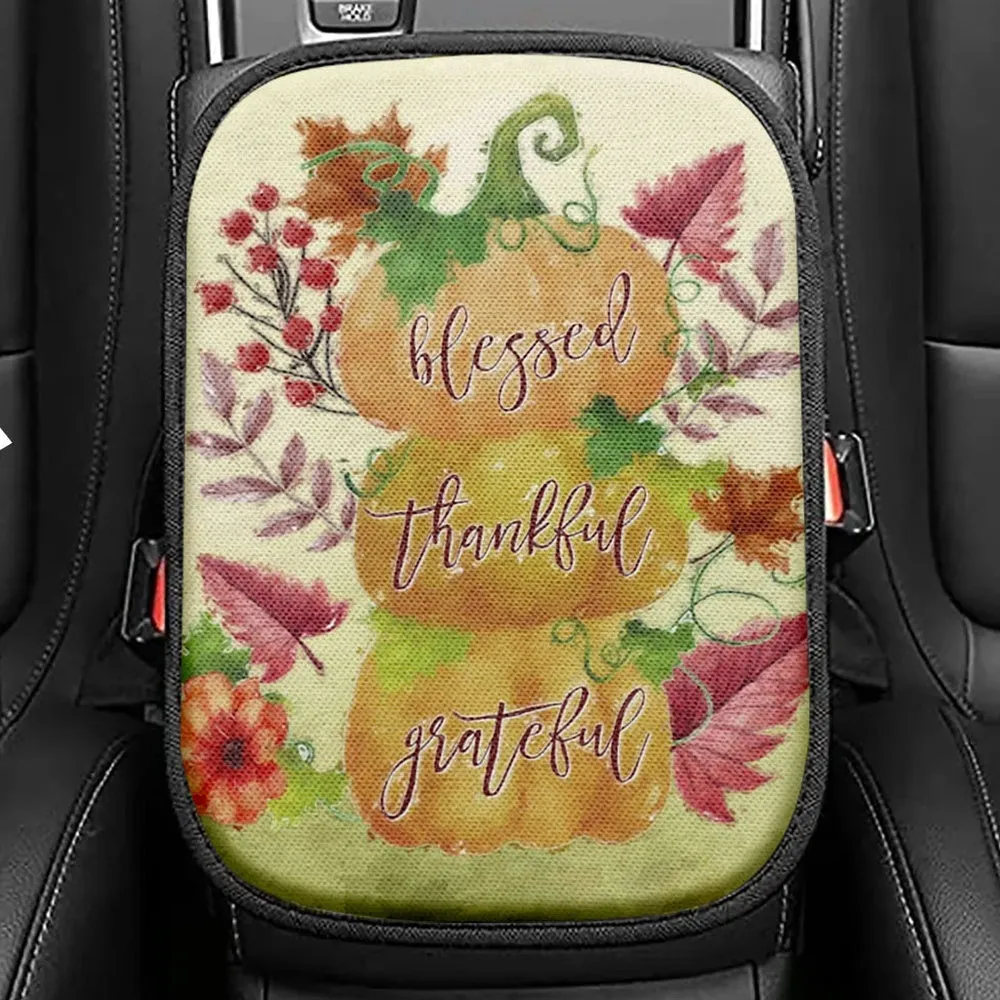 Grateful Thankful Blessed Pumpkin Thanksgiving Christian Seat Box Cover, Bible Verse Car Center Console Cover, Scripture Car Interior Accessories