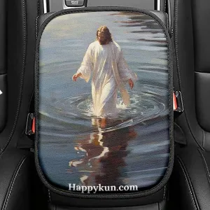 Jesus Walking On The Water Beautiful Lake Seat Box Cover, Jesus Portrait Car Center Console Cover, Christian Car Interior Accessories