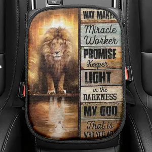 Jesus Way Maker Lion Of Judah Seat Box Cover, Bible Verse Car Center Console Cover, Scripture Car Interior Accessories