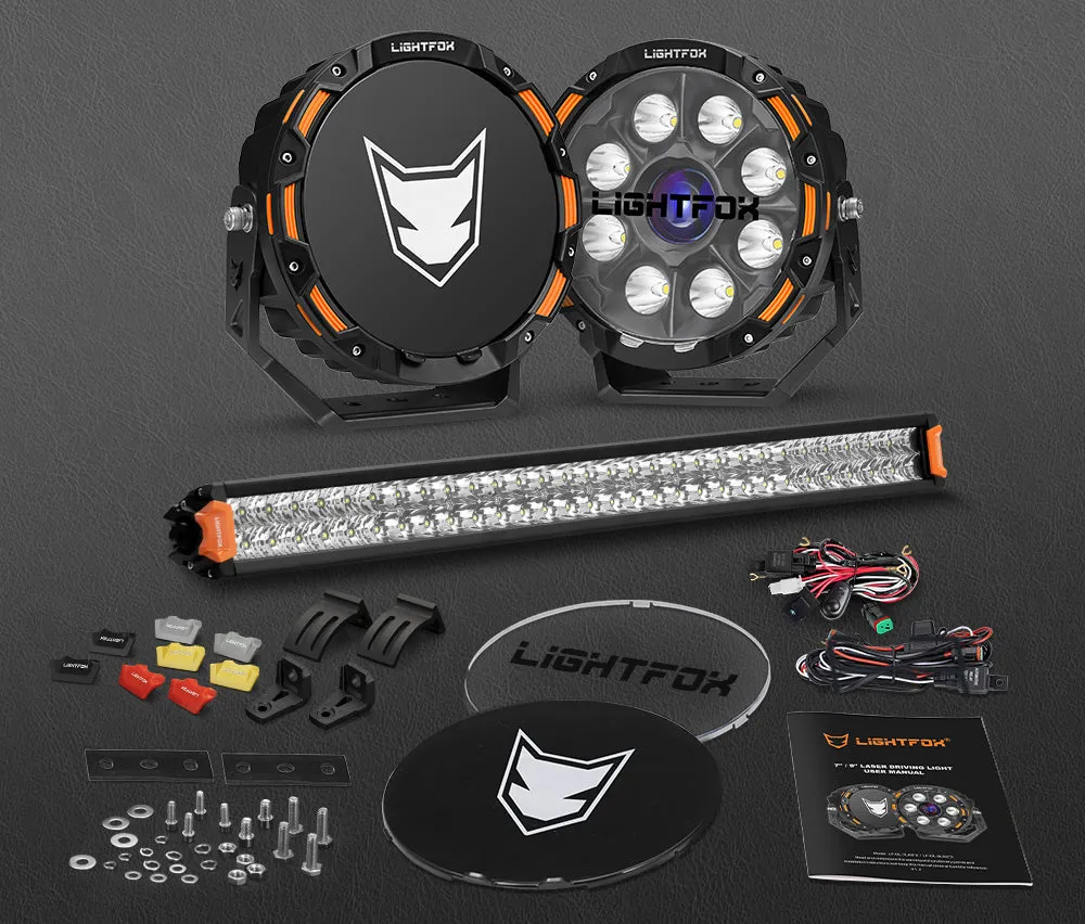 Lightfox 9 inch Osram Laser LED Driving Lights   30 inch LED Light Bar   Wiring Kit