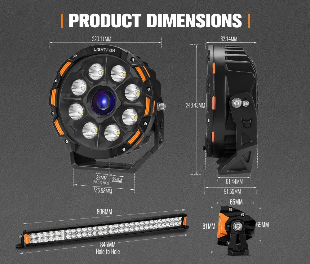 Lightfox 9 inch Osram Laser LED Driving Lights   30 inch LED Light Bar   Wiring Kit