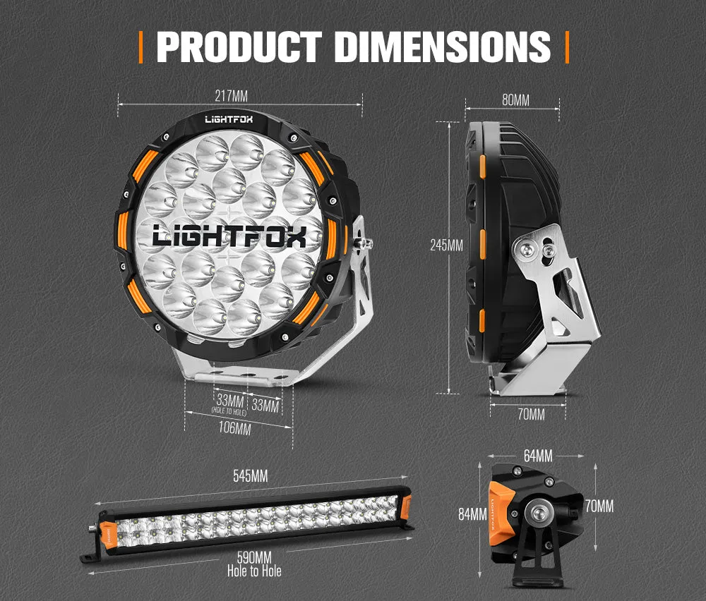Lightfox OSRAM 9 inch LED Driving Lights   20 inch Dual Row LED Light Bar   Wiring Kit