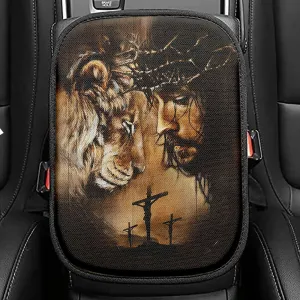Lion Of Judah Crown Of Thorn Seat Box Cover, Lion Car Center Console Cover, Christian Car Interior Accessories