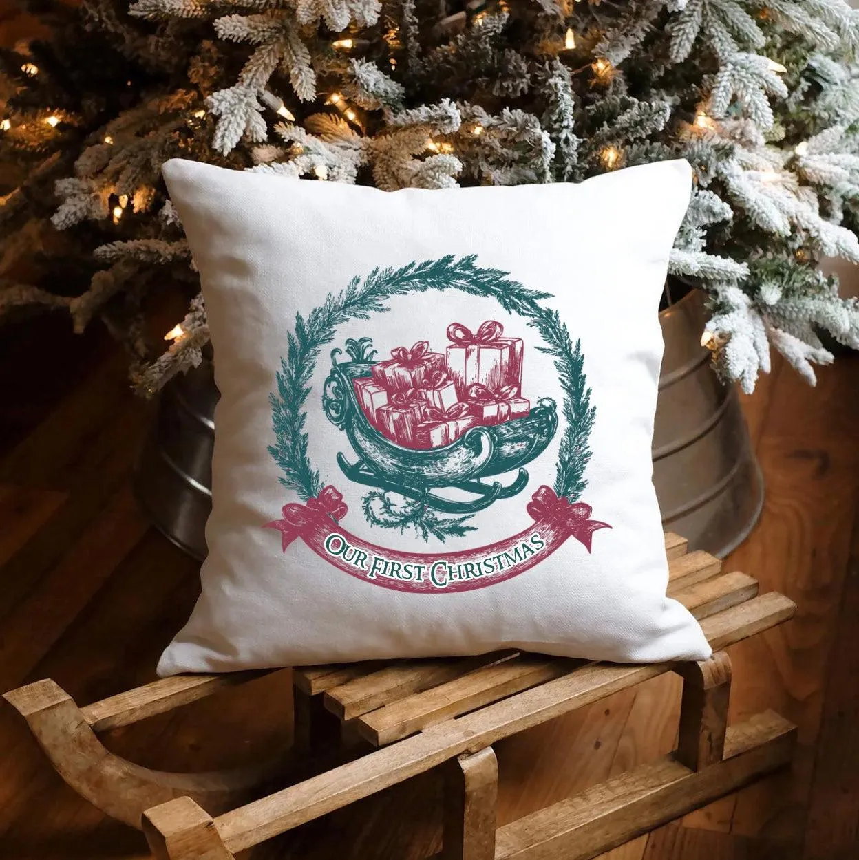 Personalized Sleigh Vintage Christmas Throw Pillow Cover