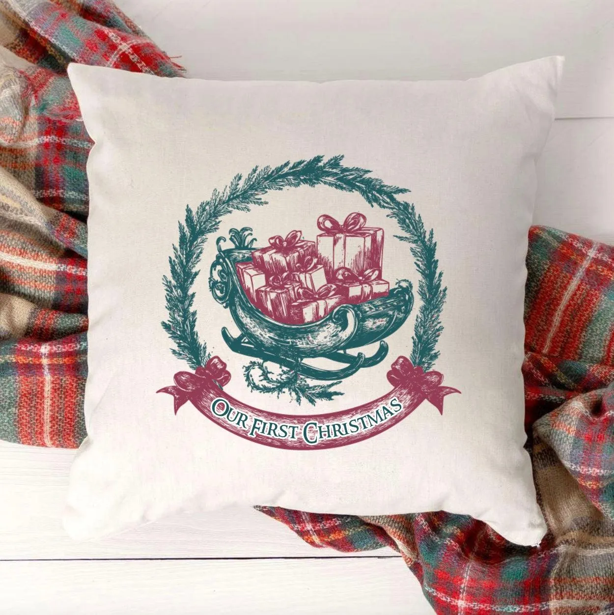 Personalized Sleigh Vintage Christmas Throw Pillow Cover